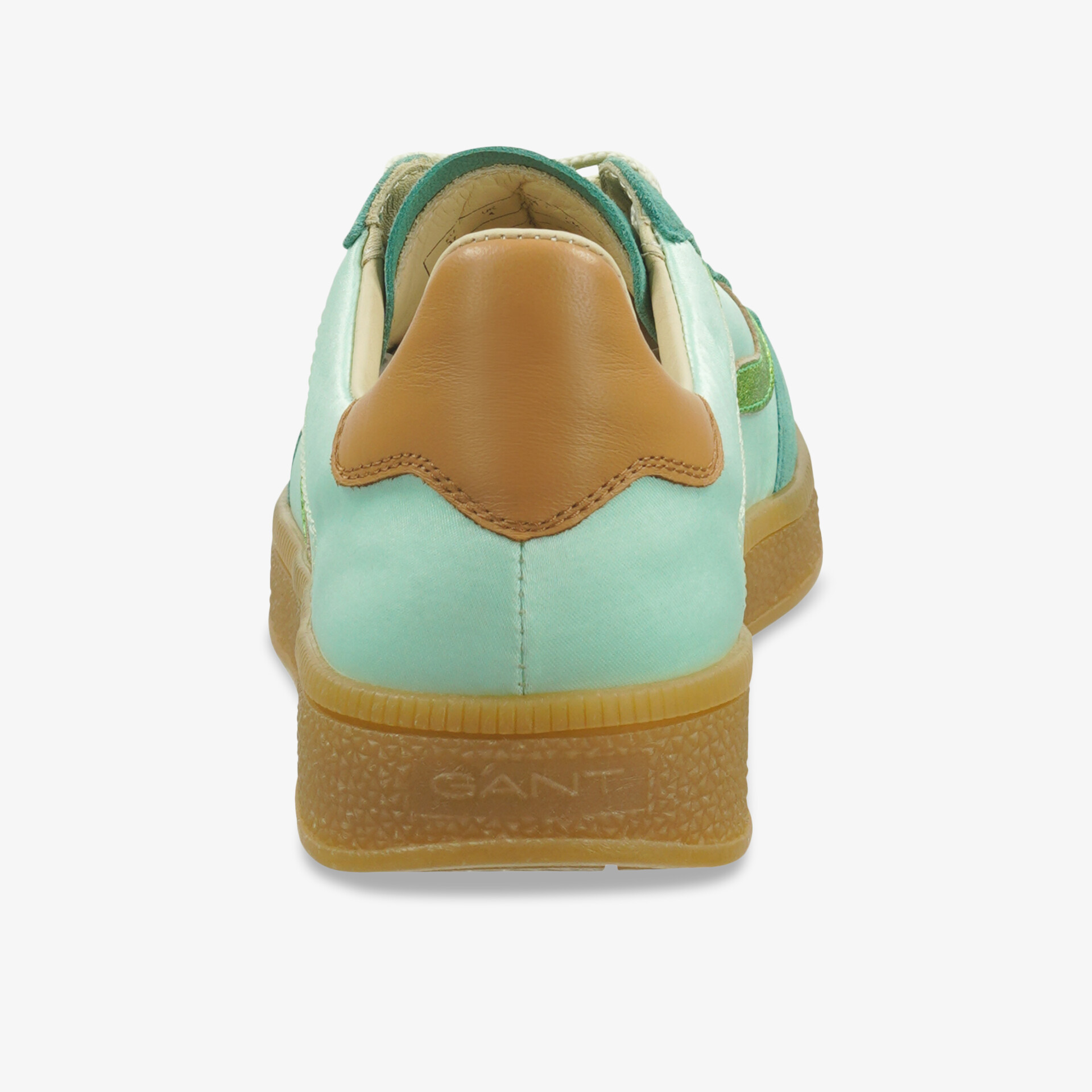 Rückansicht mintgrüner Sneaker mit brauner Fersenkappe und profilierter Gummisohle, bequem und sportlich