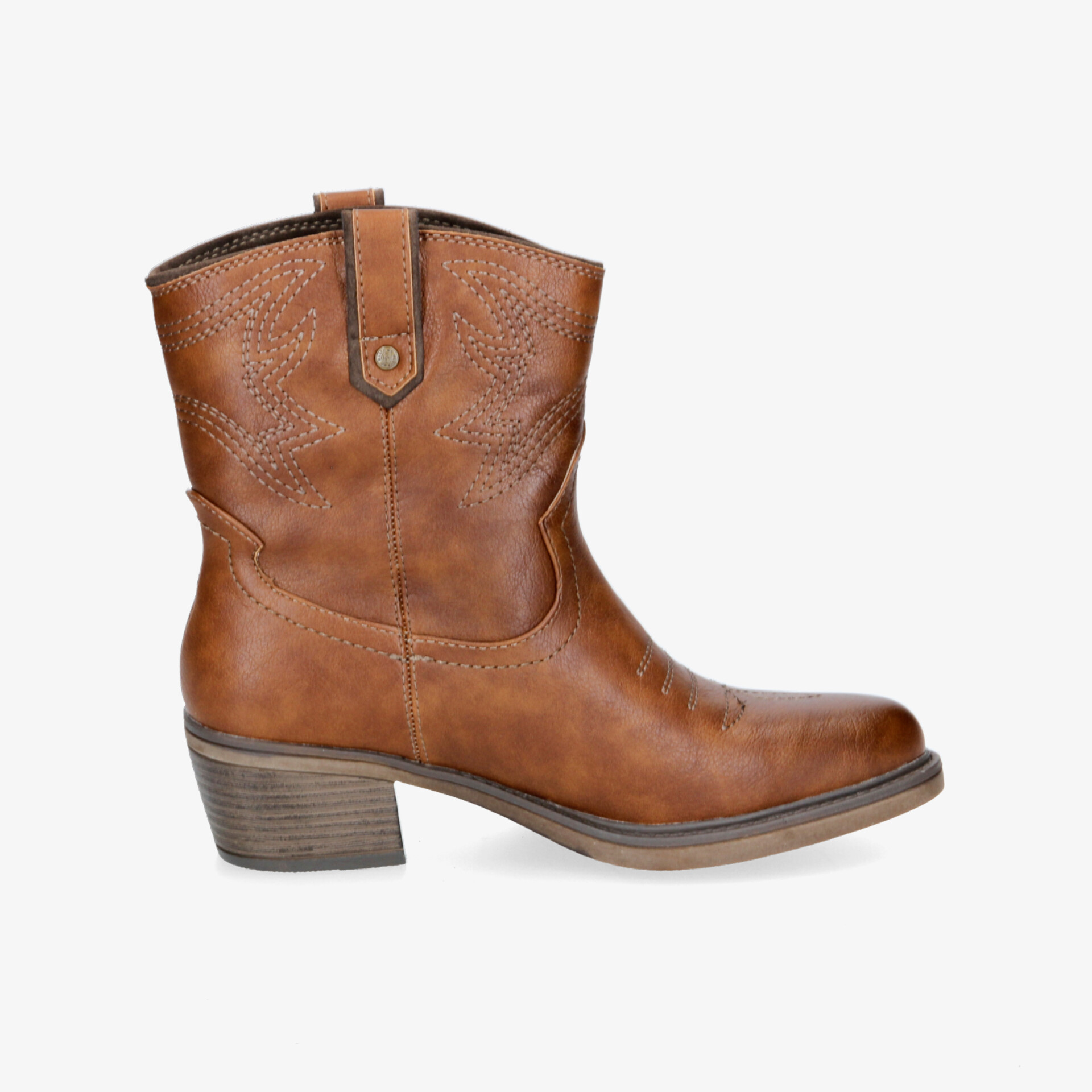 Robuster Westernstiefel in klassischer Lederoptik mit stabilem Blockabsatz und stilvollen Nähten.