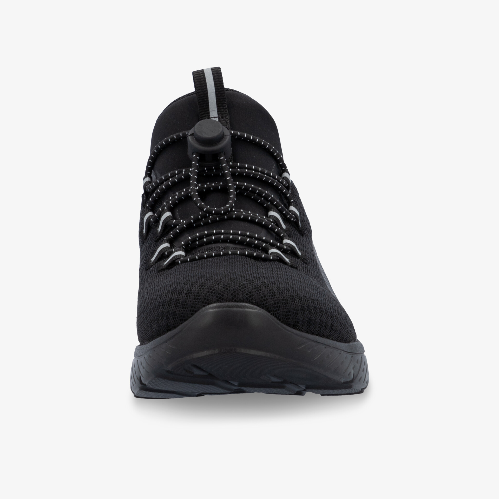 Schwarz Sneaker Frontansicht mit robuster Schnürung, leichter Sohle und atmungsaktivem Material für optimalen Tragekomfort