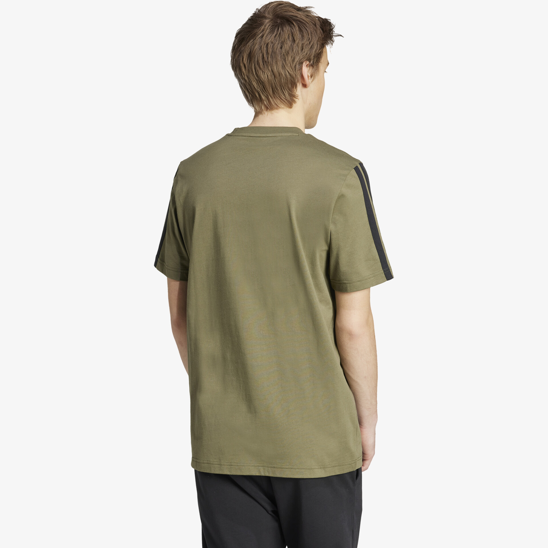 Rückansicht eines olivgrünen T-Shirts mit kurzen Ärmeln und komfortabler Passform