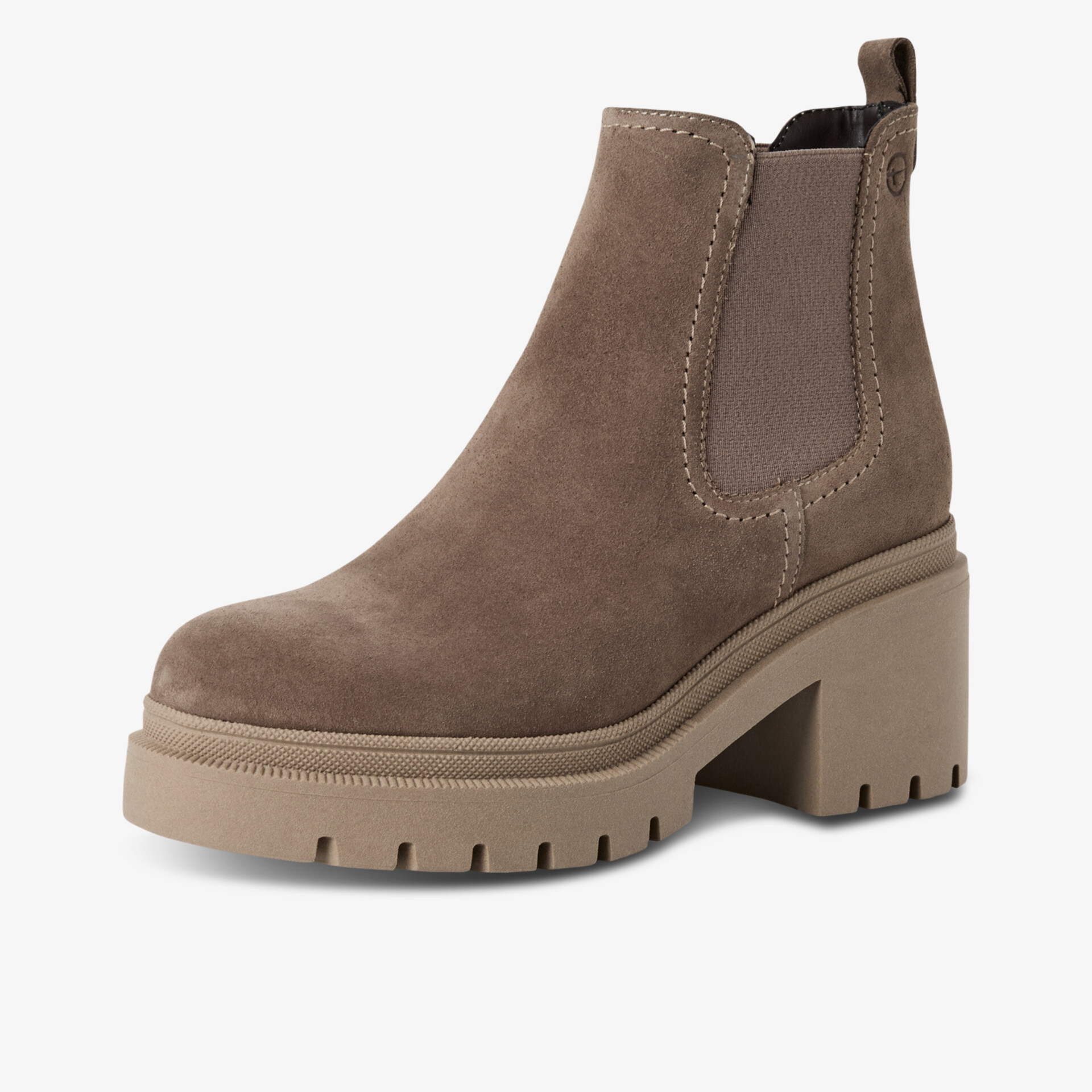 Brauner Chelsea Boot aus Veloursleder mit blockförmigem Absatz und profilierter Sohle