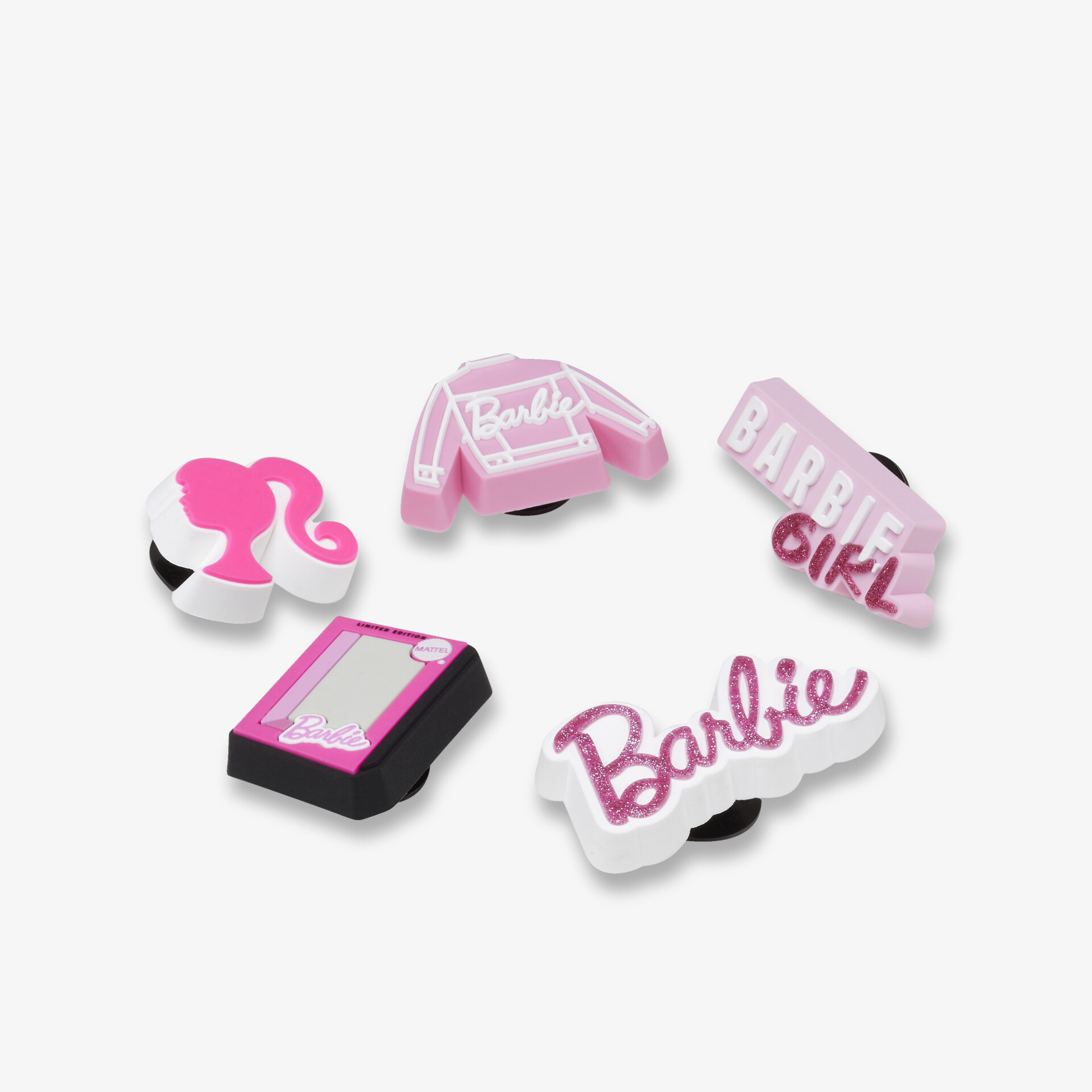 Sechs bunte Haargummis mit unterschiedlichen dekorativen Barbie-Motiven, flexibel und modisch