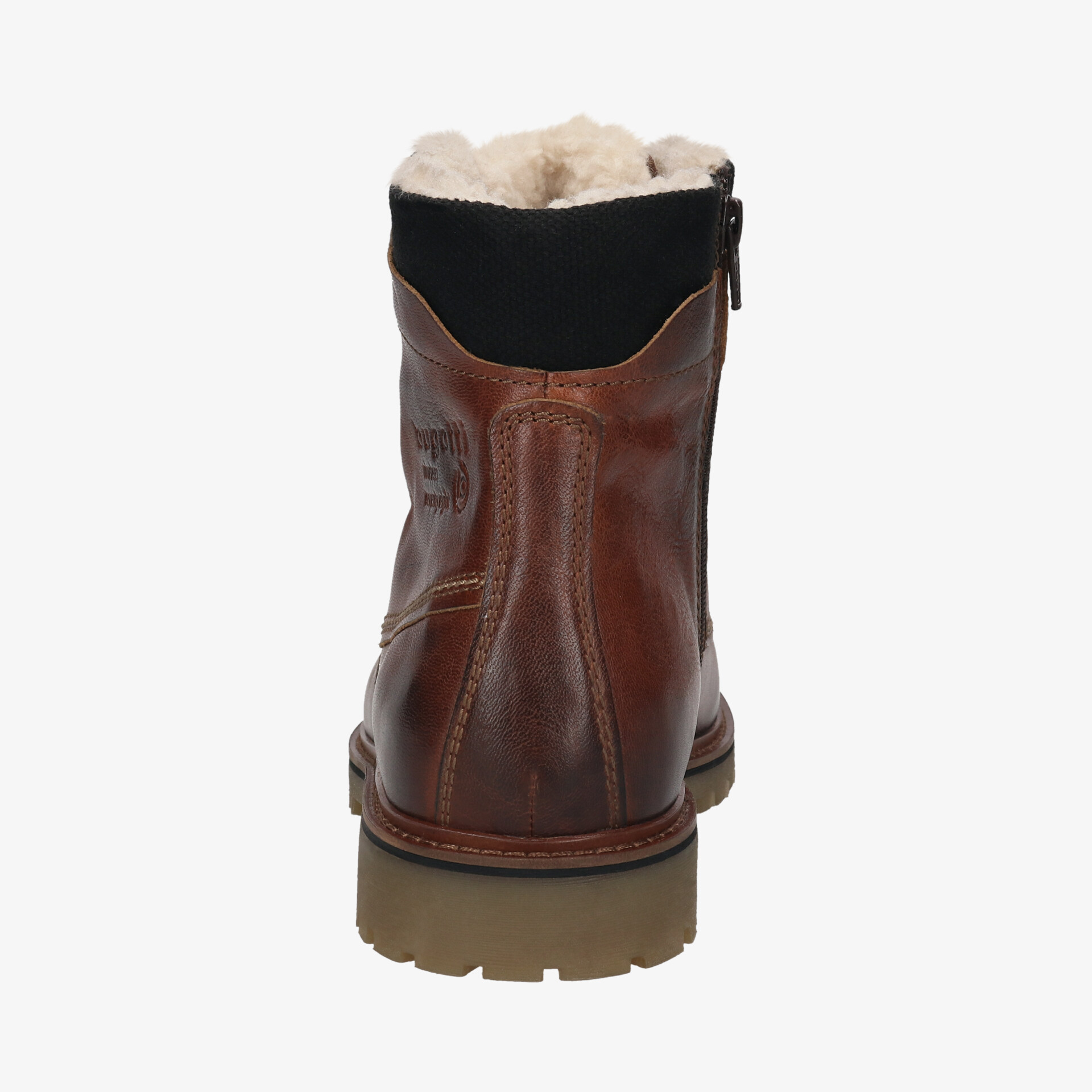 Brauner robuster Lederstiefel mit warmem Innenfutter und praktischem Reißverschluss, Rückansicht