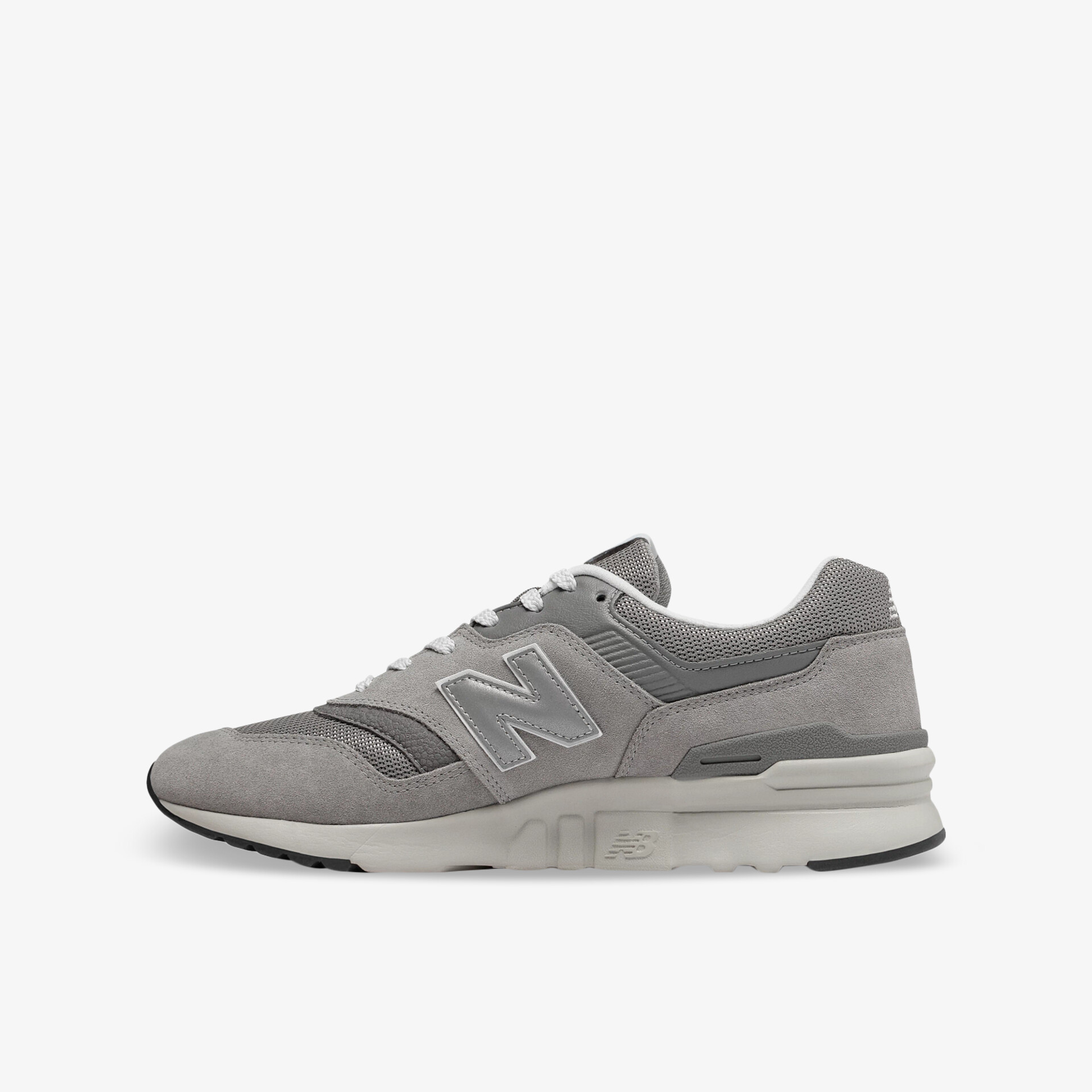 Seitenansicht eines grauen Sneaker mit gedämpfter Sohle und atmungsaktivem, leichtem Obermaterial