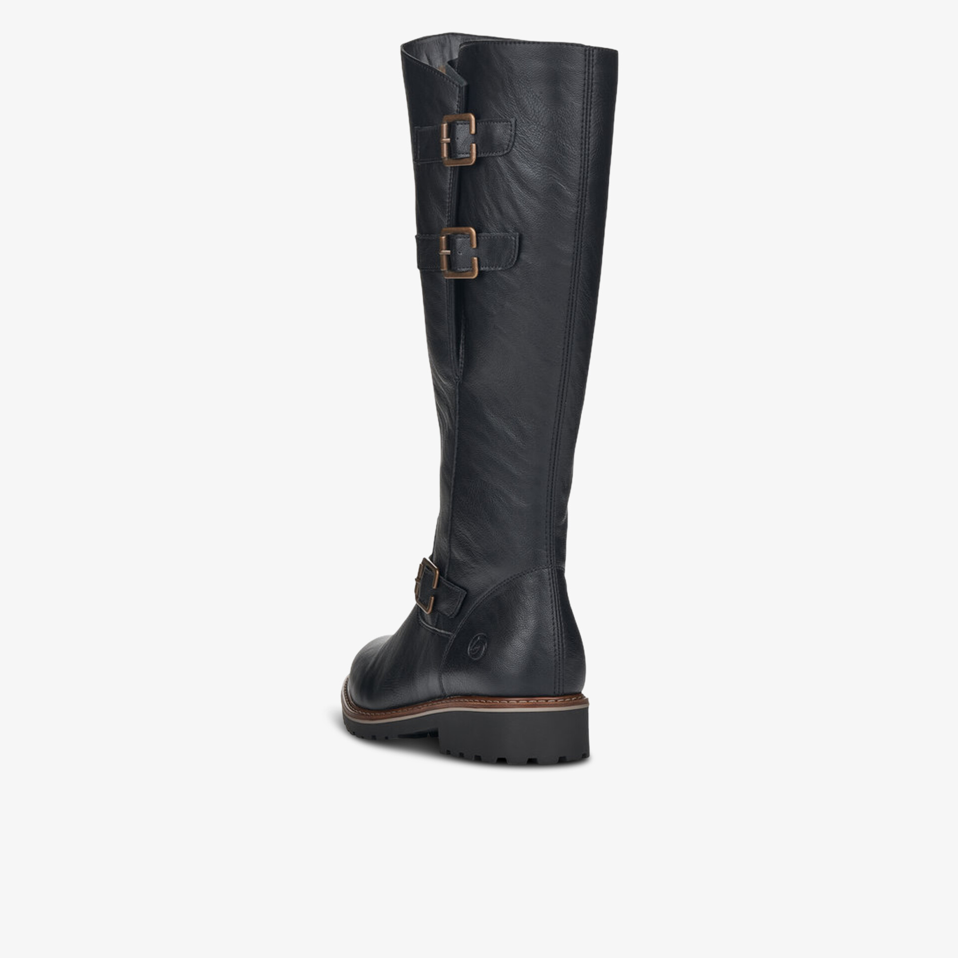 Eleganter schwarzer Stiefel mit verstellbaren Schnallen und robuster, komfortabler Sohle seitliche Ansicht