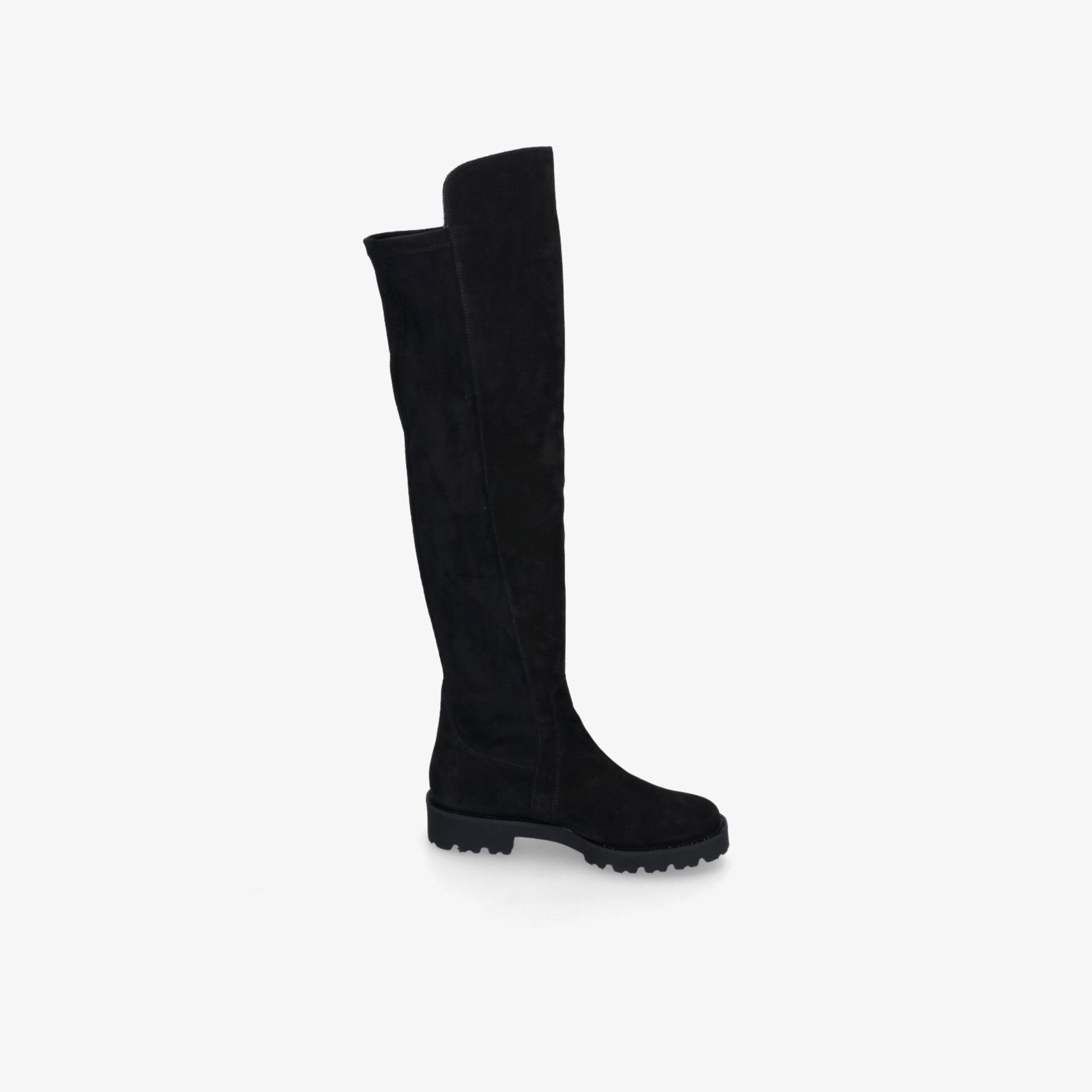 schwarzer hoher Stiefel mit flachem Absatz und rutschfester Sohle in seitlicher Ansicht
