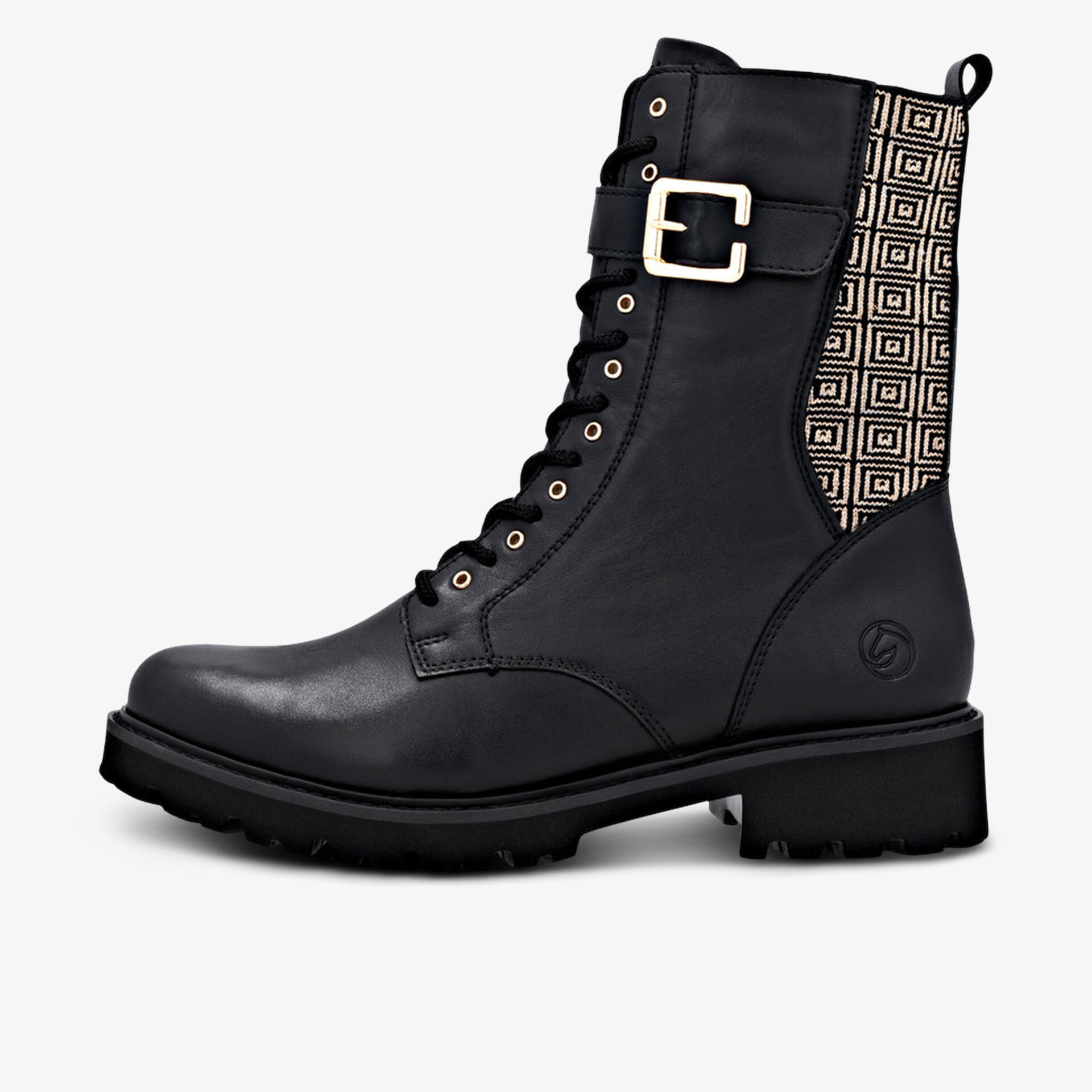 Robuster schwarzer Schnürstiefel mit eleganter Schnalle und modischem grauem Muster an der Ferse, bequeme Passform