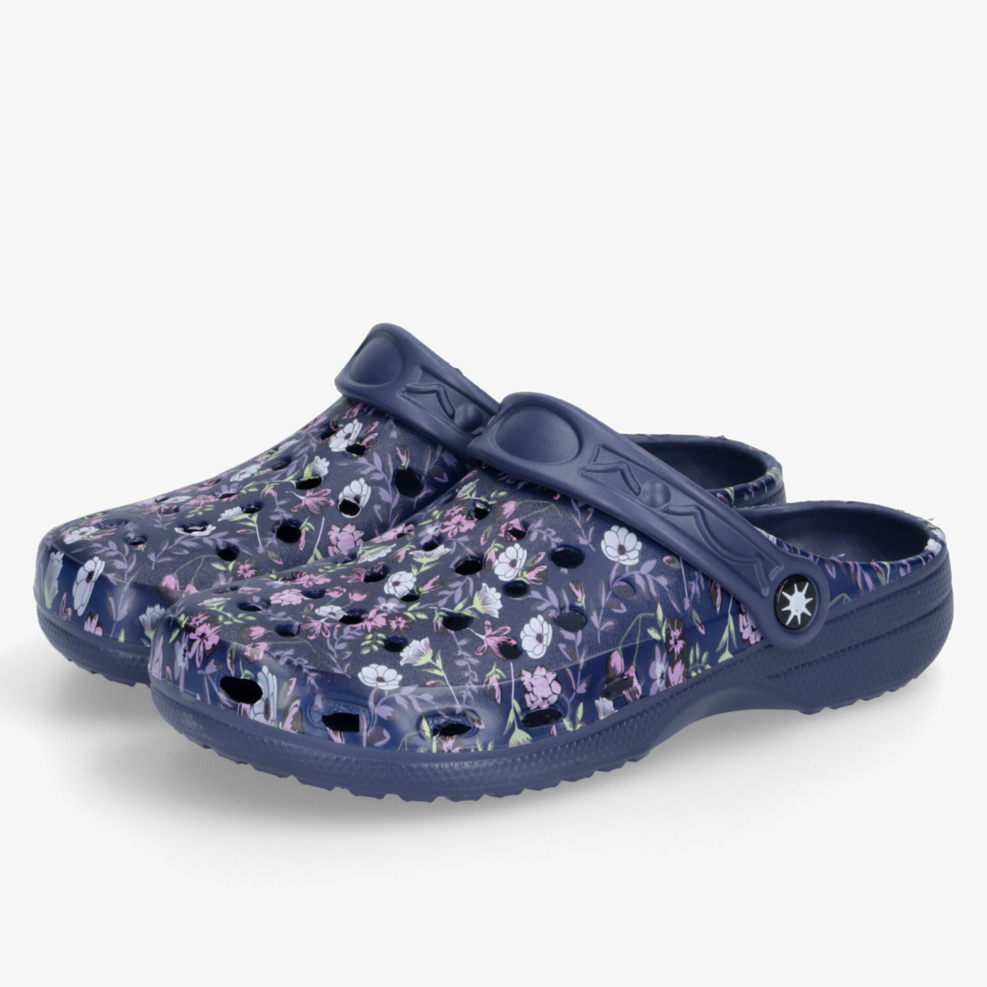 Bequeme blaue Clogs mit floralem Design. Perfekt für Alltag und Freizeit. Bieten hohen Komfort und Atmungsaktivität.