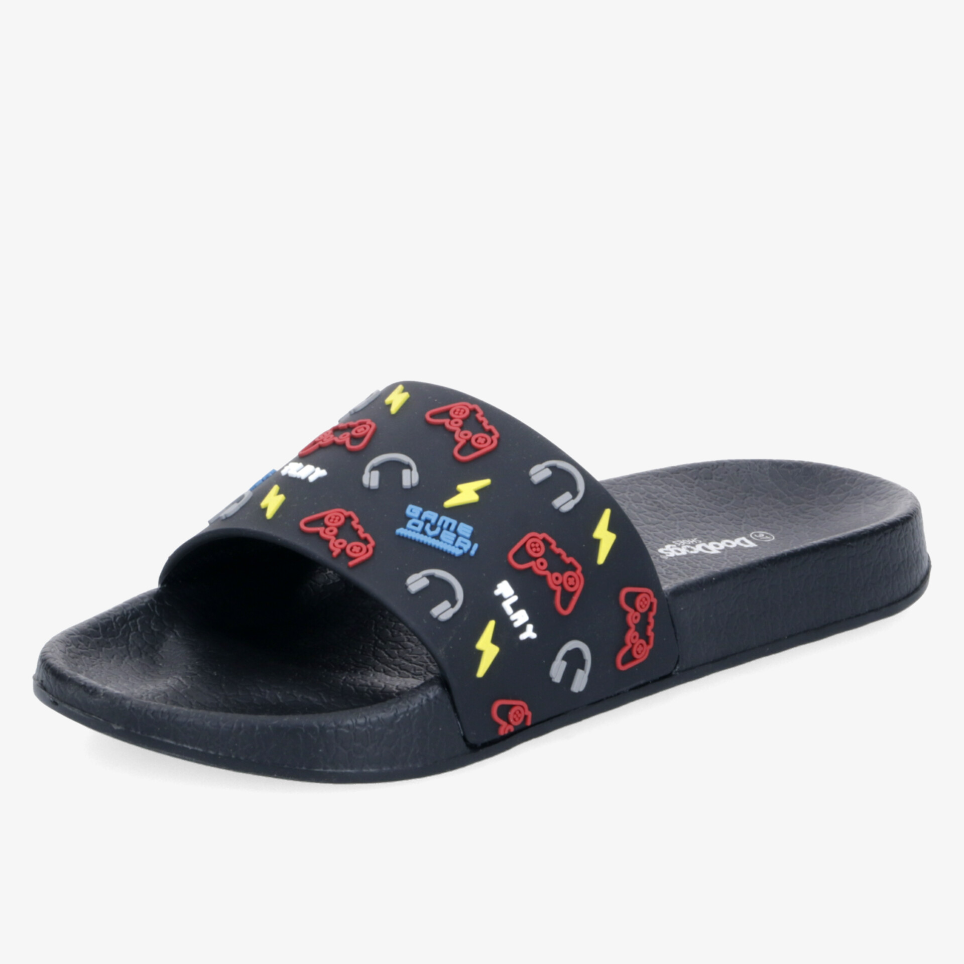 Bequeme schwarze Slides mit buntem Muster, weich und leicht, rutschfeste Sohle für sicheren Halt.