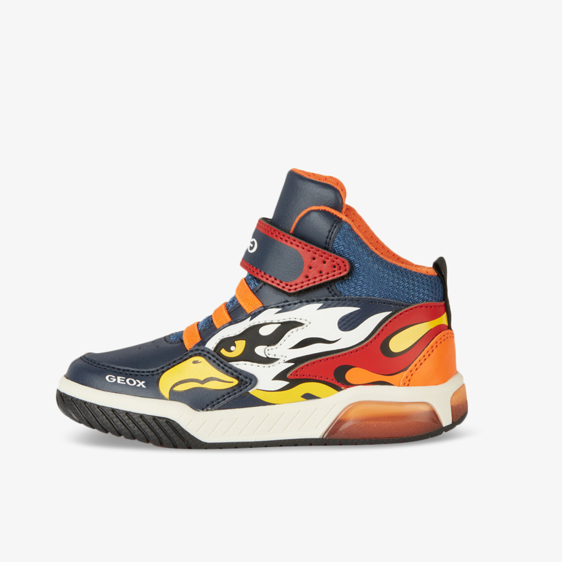 Bunter High-Top-Sneaker mit Flammenmuster und praktischem Klettverschluss für einzigartigen Stil und Komfort.