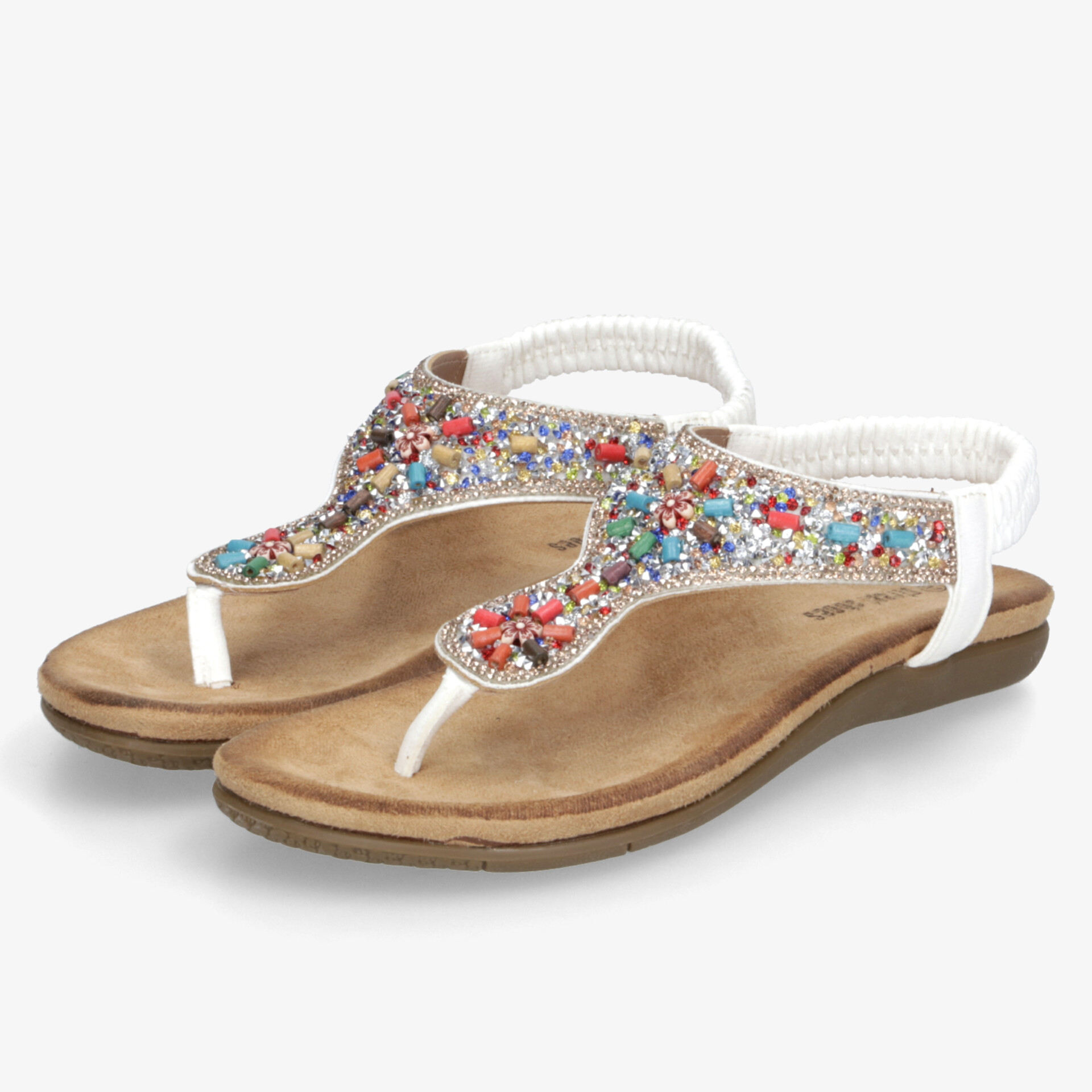 Bequeme Sandalen mit bunten Glitzersteinen, weichem Fußbett und rutschfester Sohle, perfekt für den Sommer.