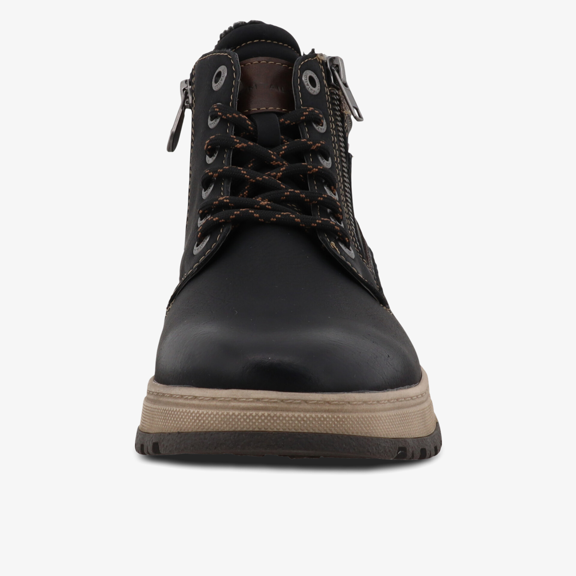 Robuste schwarze Schnürboots mit Reißverschluss und komfortabler stoßdämpfender Sohle, Frontansicht