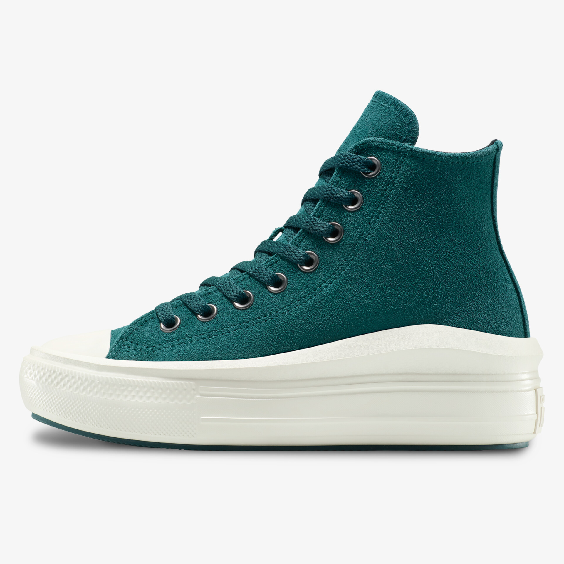 Seitliche Ansicht eines hohen stylischen Sneakers mit weißer Gummisohle und grünem Obermaterial