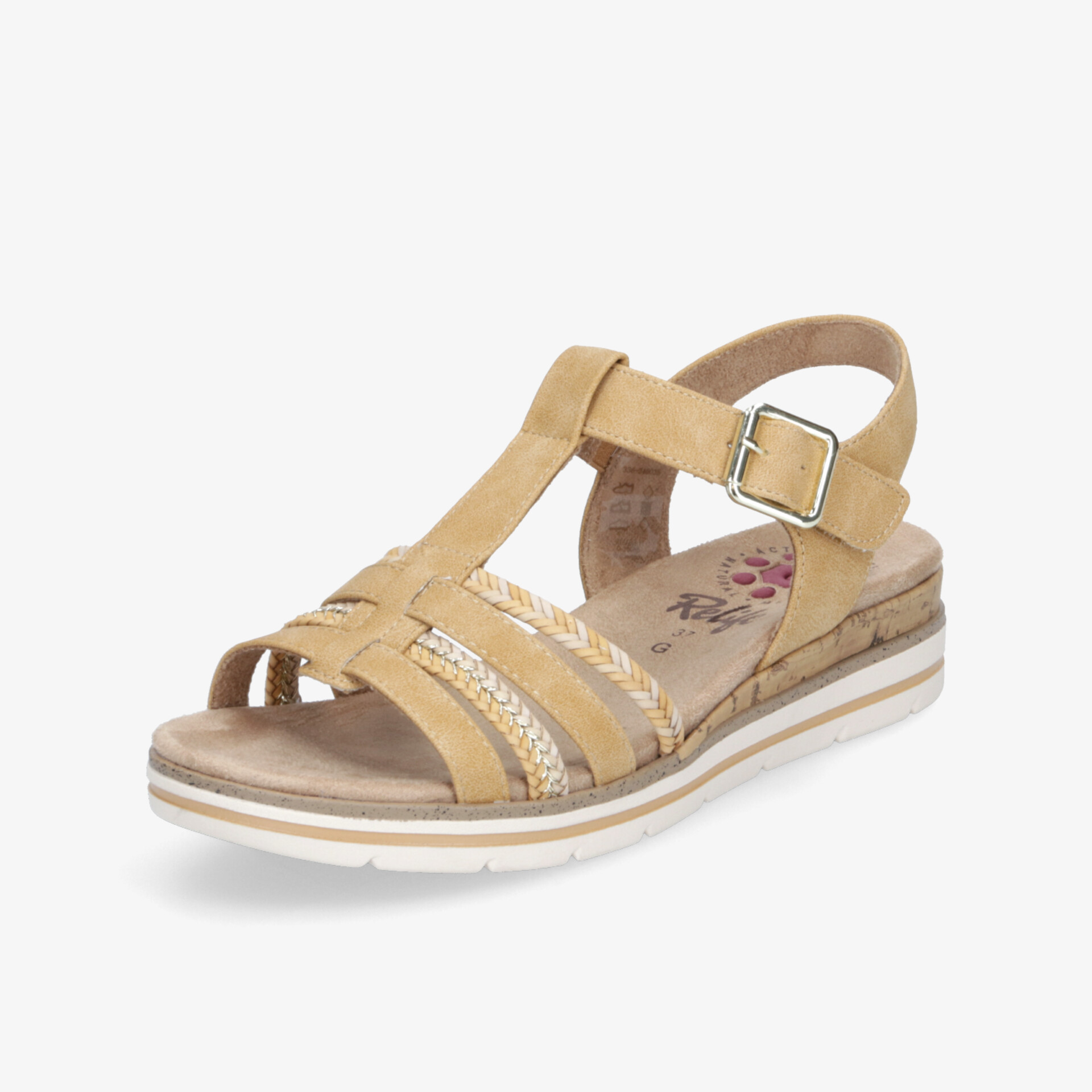 Bequeme beige Sandale mit offenen Riemen, verstellbarer Schnalle und leichter Laufsohle für angenehmen Tragekomfort