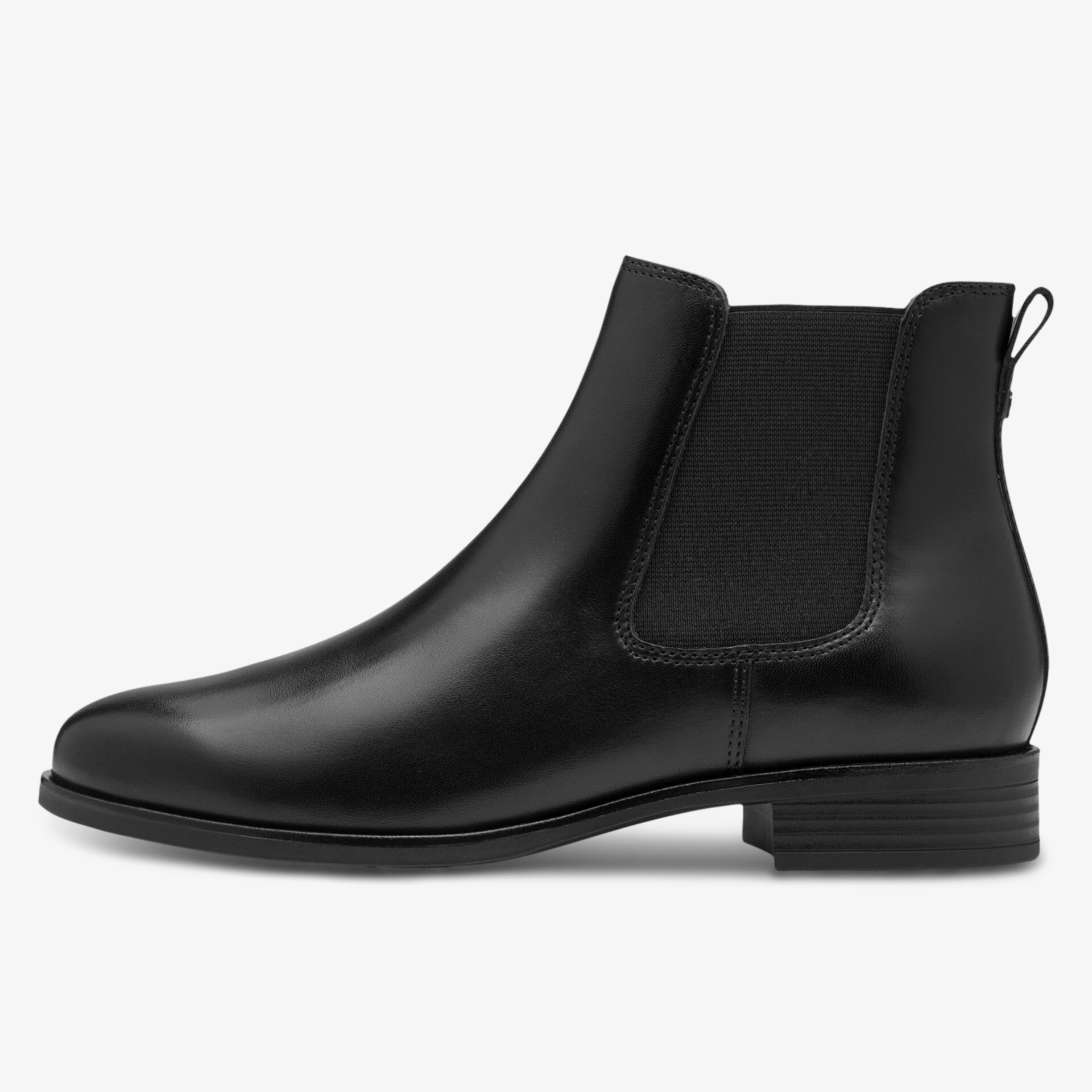 Schwarze Stiefelette aus glattem Leder mit elastischem Einsatz für flexiblen Komfort und elegantem Design seitlich fotografiert