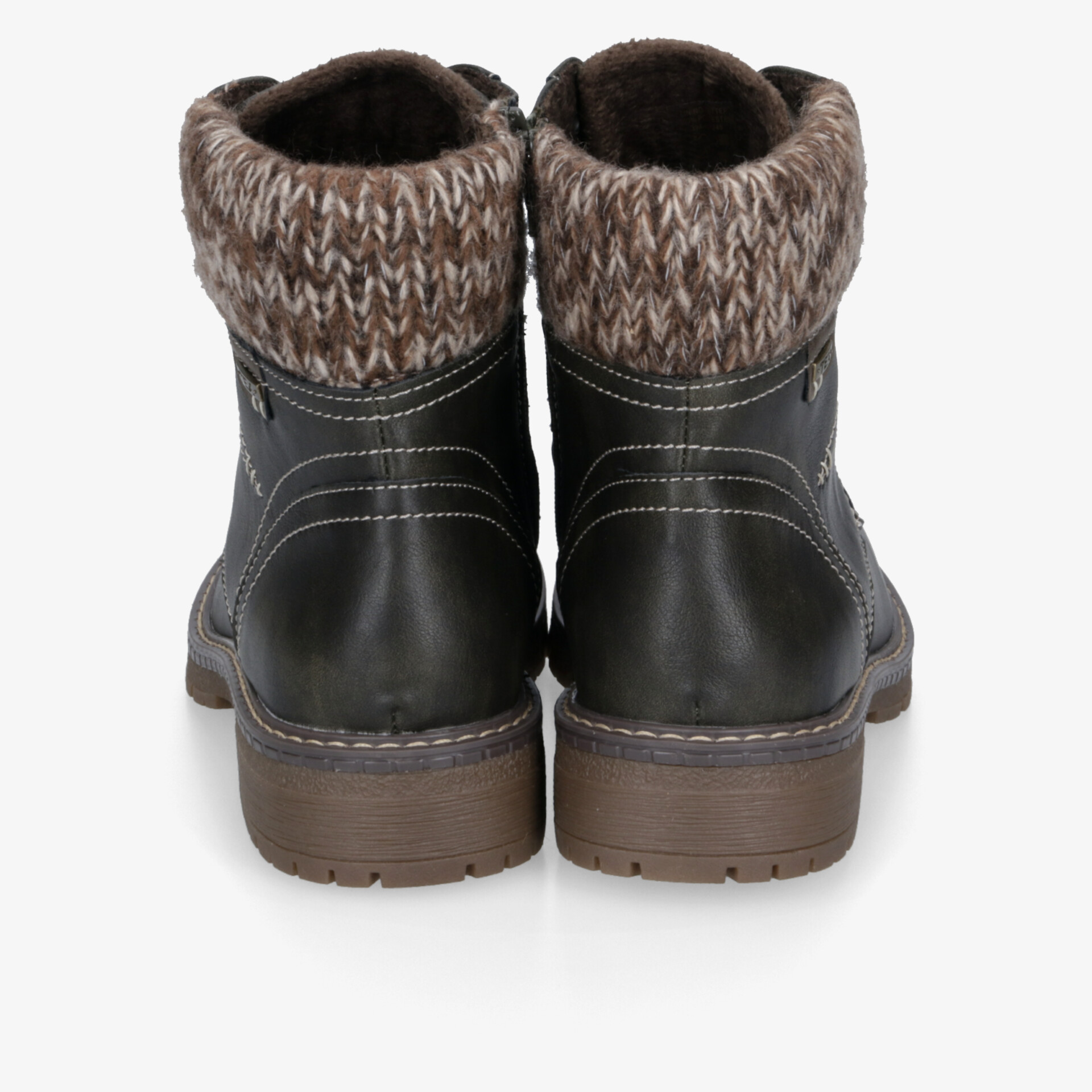 Knöchelhohe schwarze Lederstiefel mit gestricktem Schaft, ideal für kalte und nasse Bedingungen.