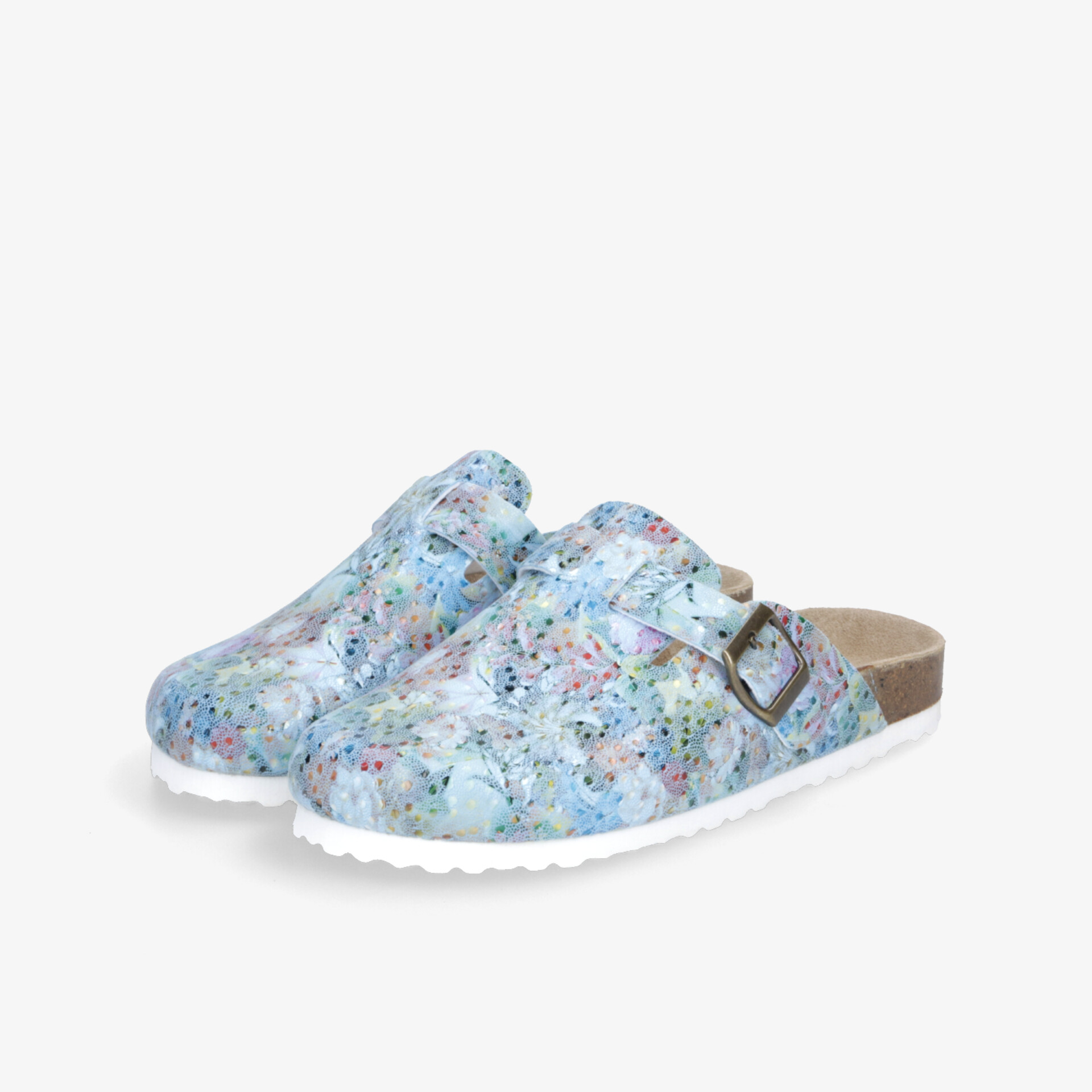 Bequeme und leichte blaue gemusterte Clogs mit verstellbarer Schnalle und rutschfester Sohle für hohen Tragekomfort