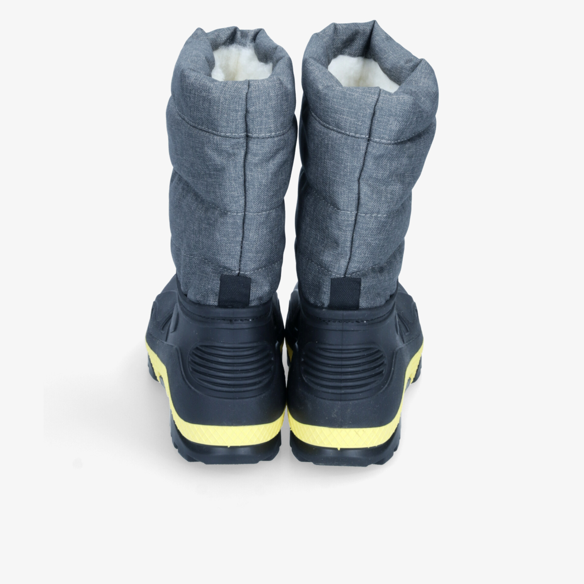 Robuster Winterstiefel mit hohem Schaft, warmer Isolierung und rutschfester Sohle, Rückansicht in Grau und Schwarz