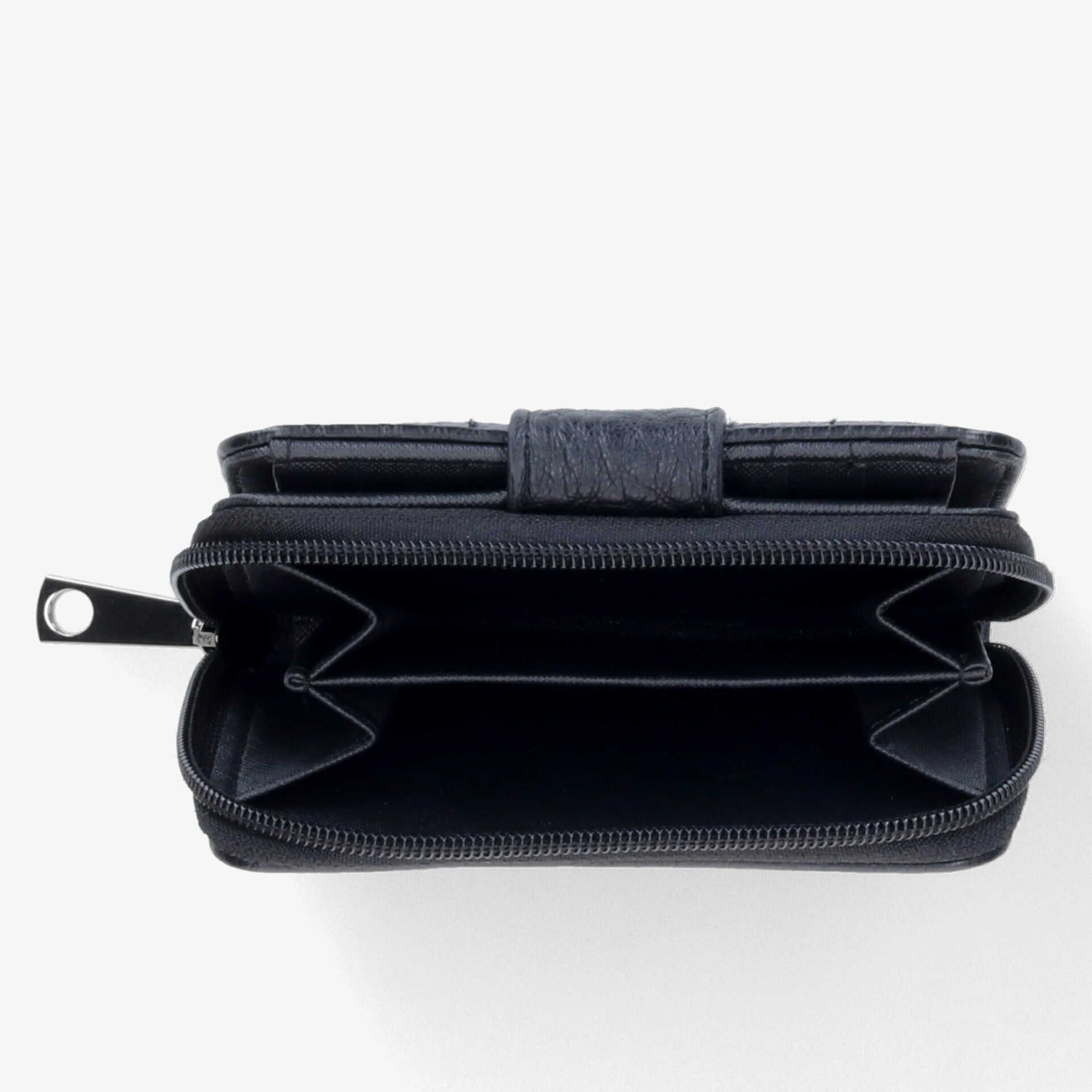 Kompatkte schwarze Geldbörse mit mehreren Fächern und Reißverschluss für praktische und sichere Aufbewahrung.