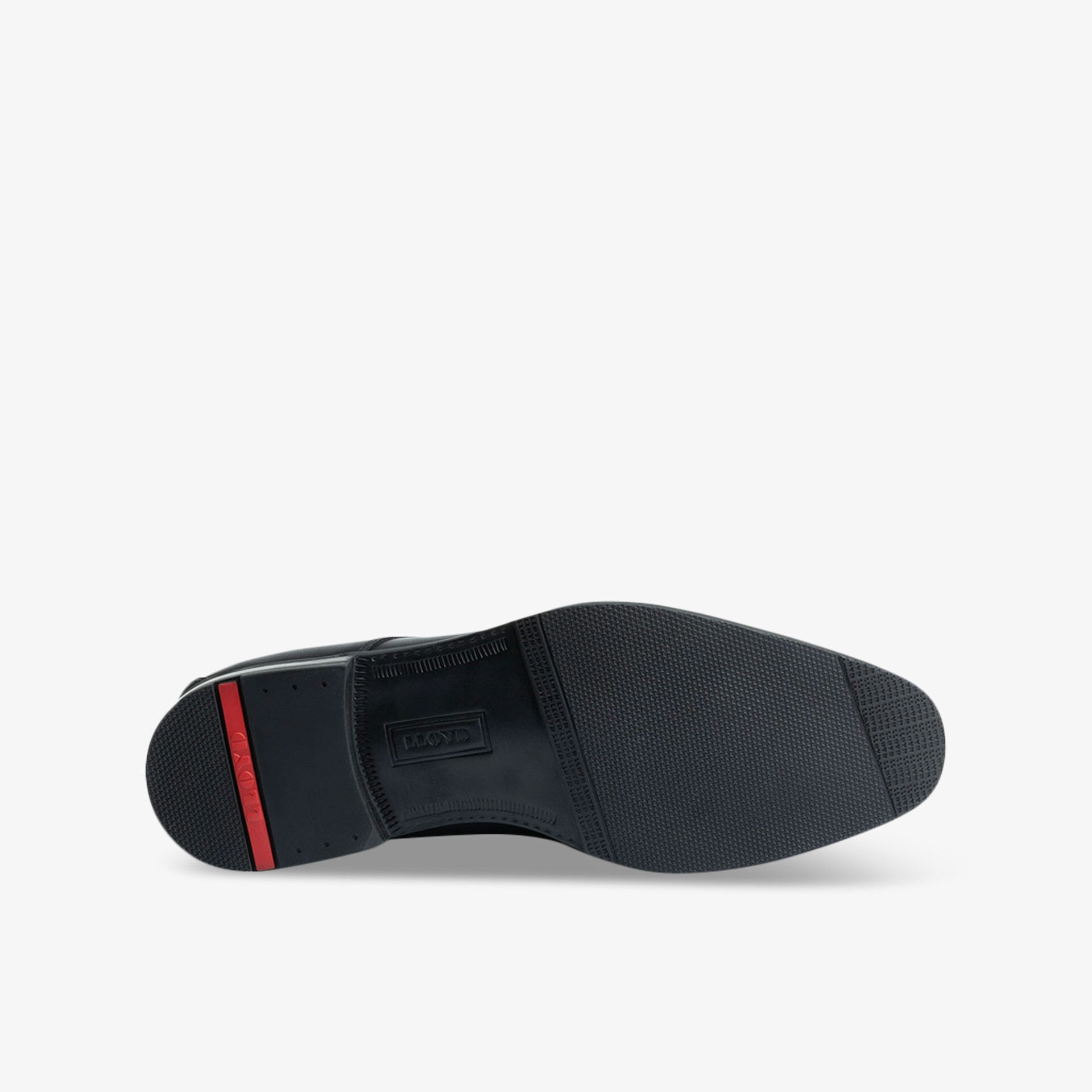 Schuhsohle in Schwarz mit rotem Akzent, rutschfestes Profil und robuster langlebiger Materialstruktur