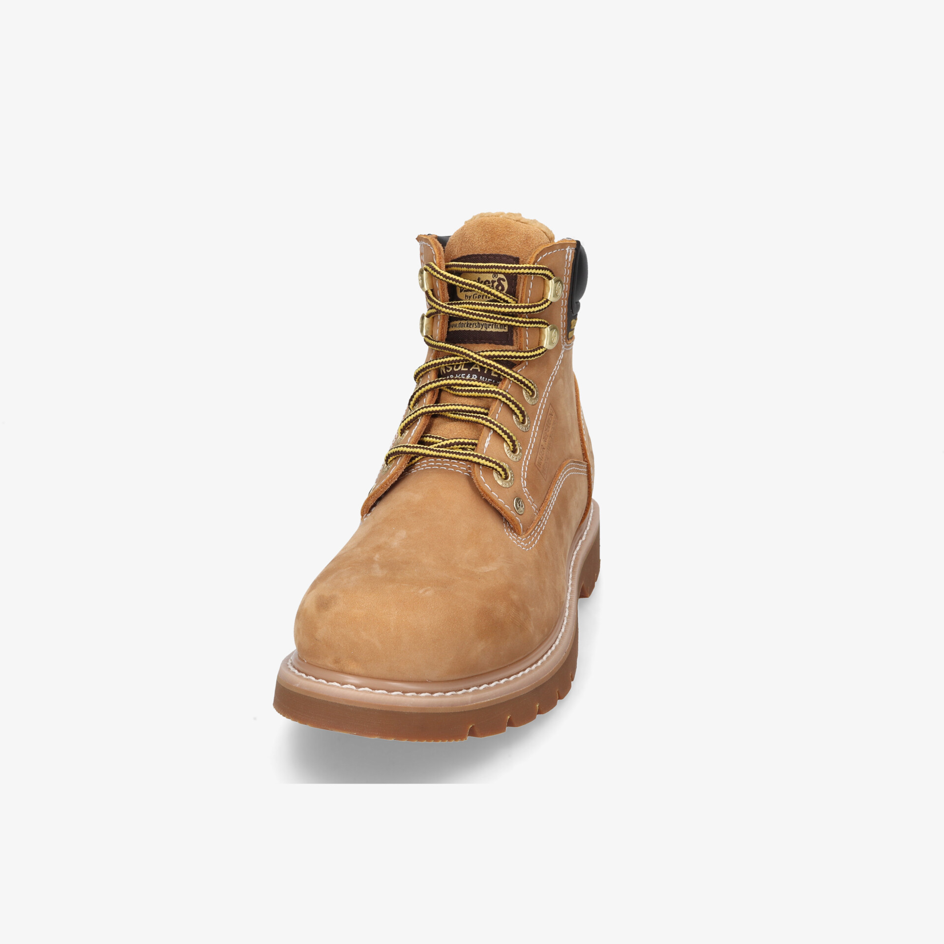 Robuster Arbeitsschuh in Camel mit dicker Sohle und stabiler Schnürung, ideal für sicheren Halt und Komfort