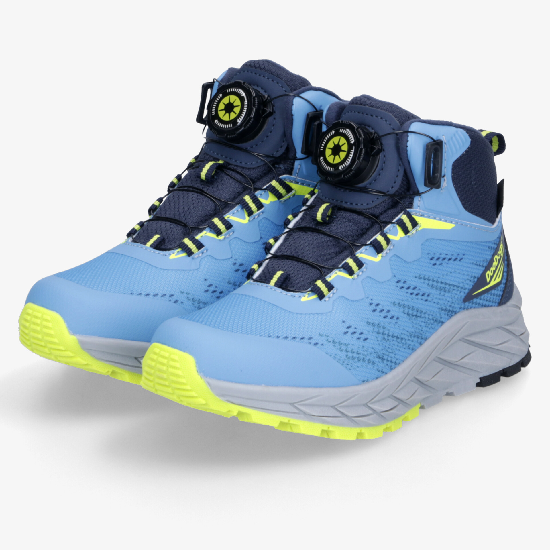 Robuste Outdoor-Sportschuhe mit rutschfester Sohle, hohem Komfort und praktischem Verschlusssystem in Blau und Gelb