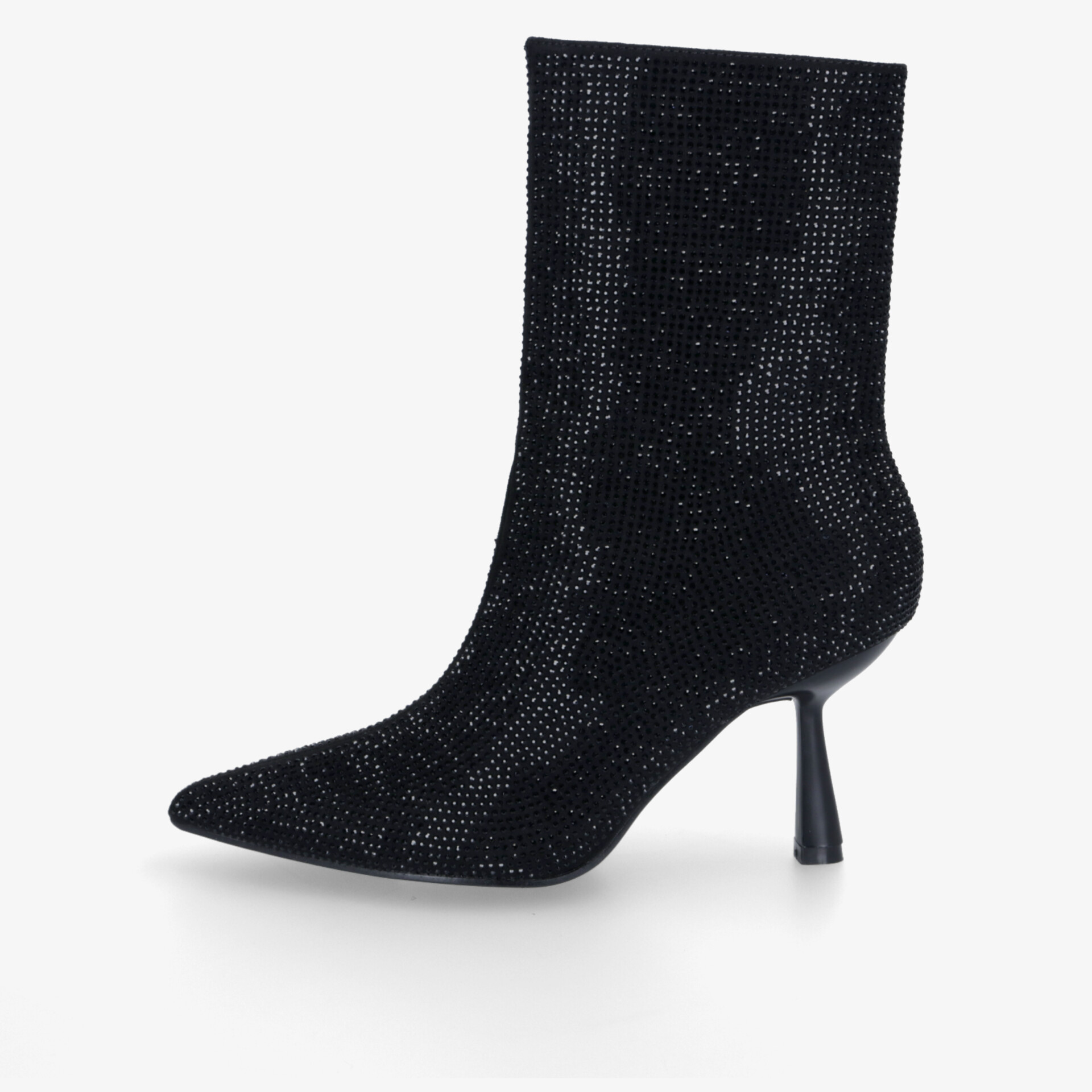 Eleganter schwarzer Stiefel mit glitzerndem Design und spitzem Absatz für stilvolle Auftritte.