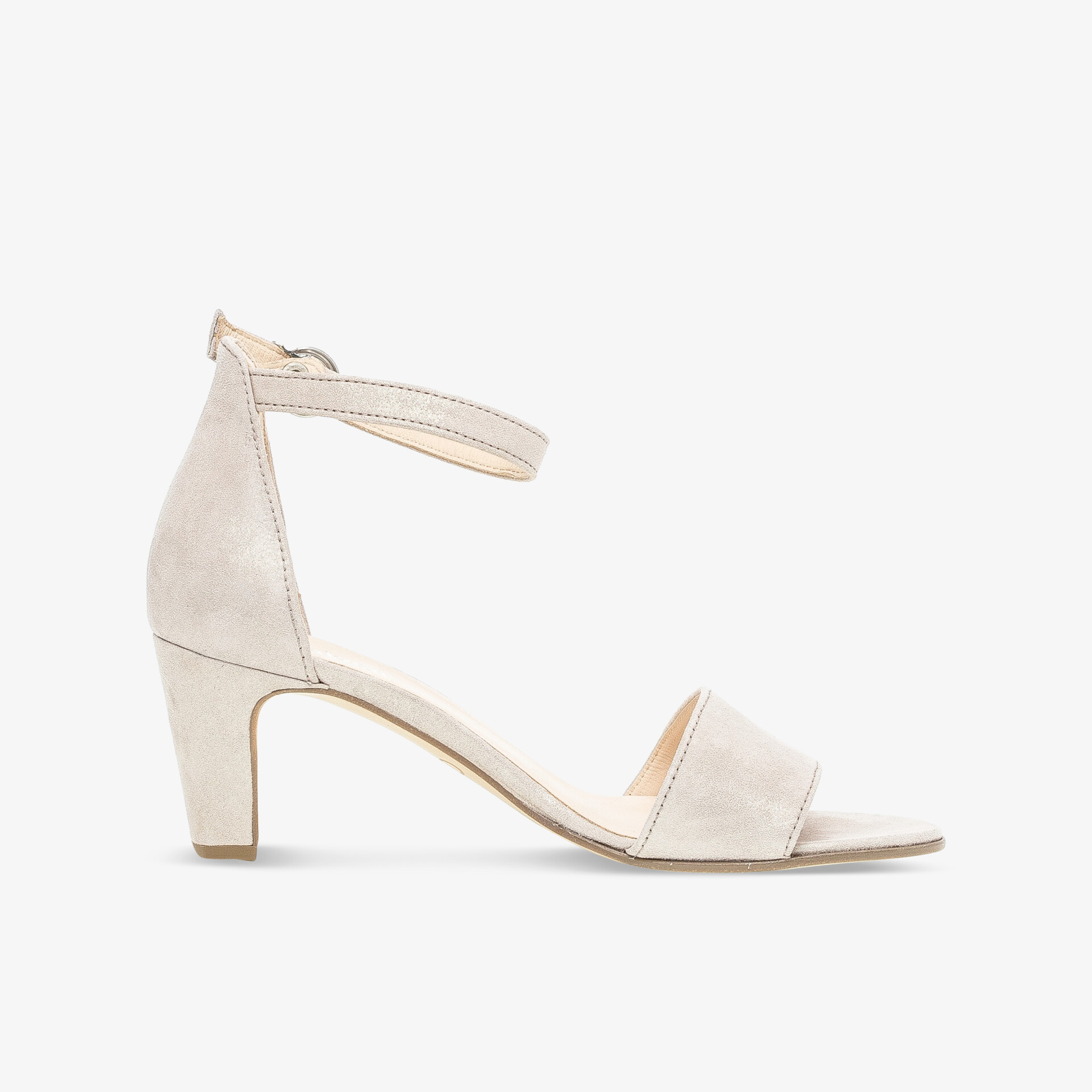 Elegante Sandale mit mittlerem Absatz und verstellbarem Knöchelriemen für hohen Tragekomfort.