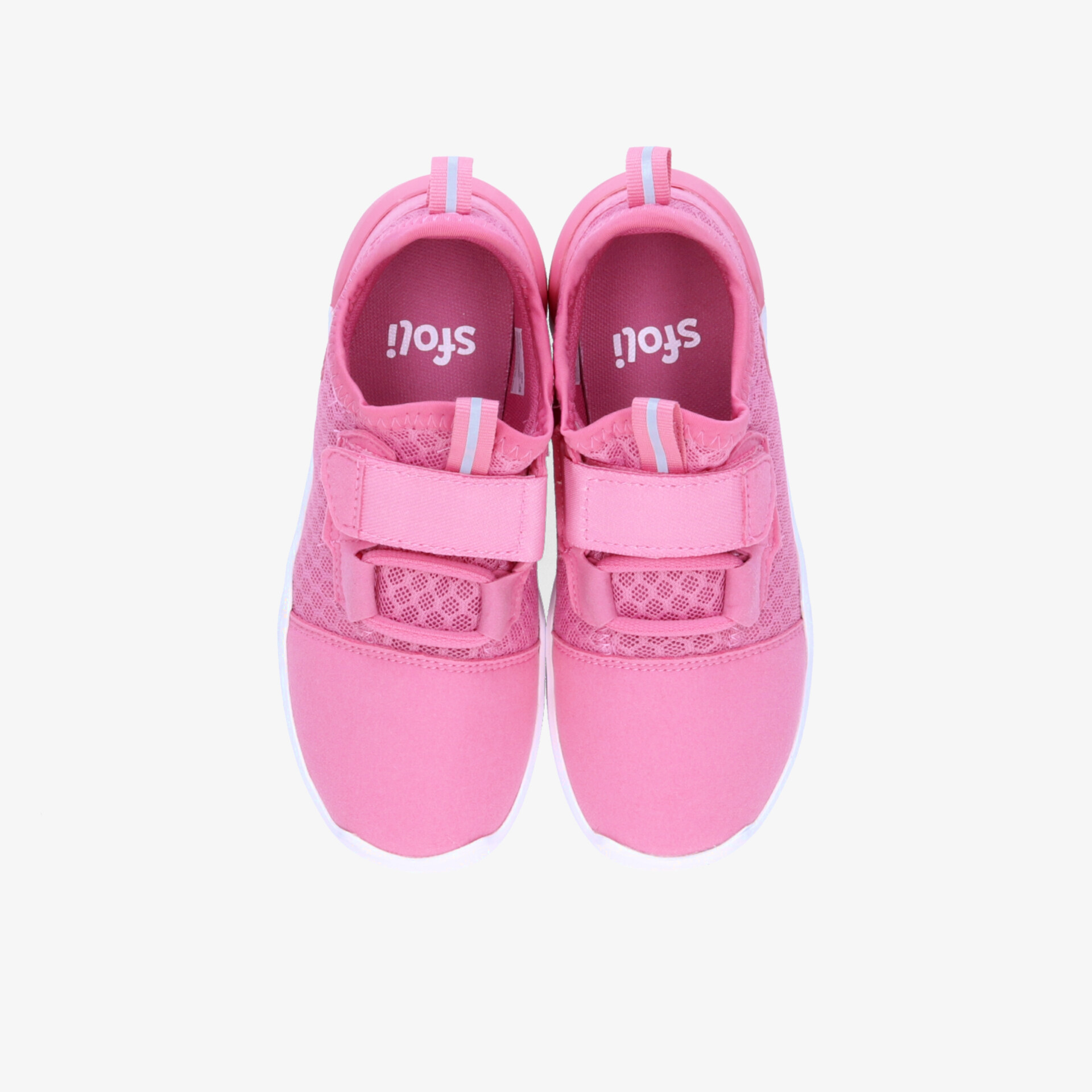 Leichter pinkfarbener Sportschuh mit elastischem Riemen und rutschfester Sohle in Draufsicht