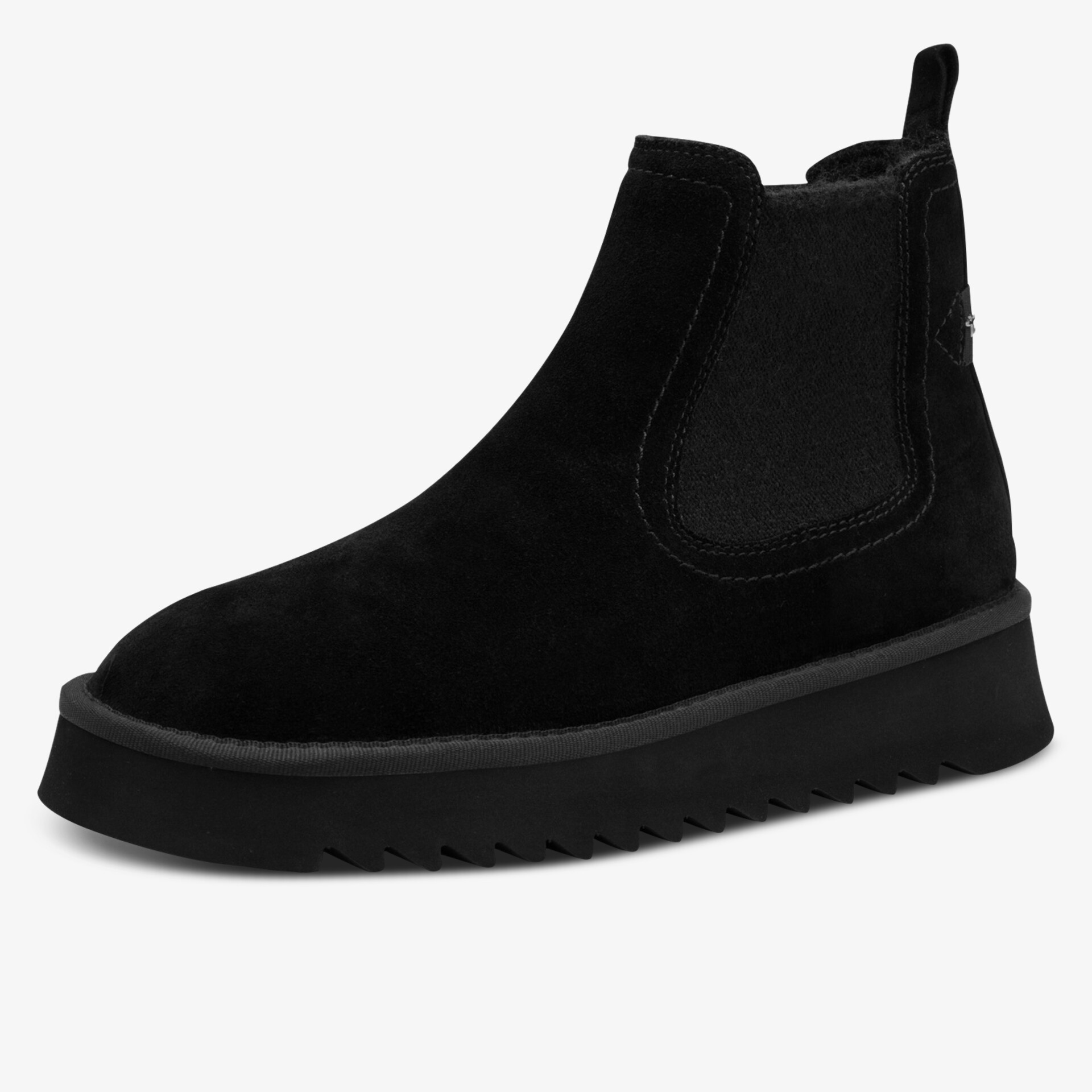 Schwarzer Chelsea-Boot aus Veloursleder mit elastischen Seiten und profilierter, komfortabler Laufsohle