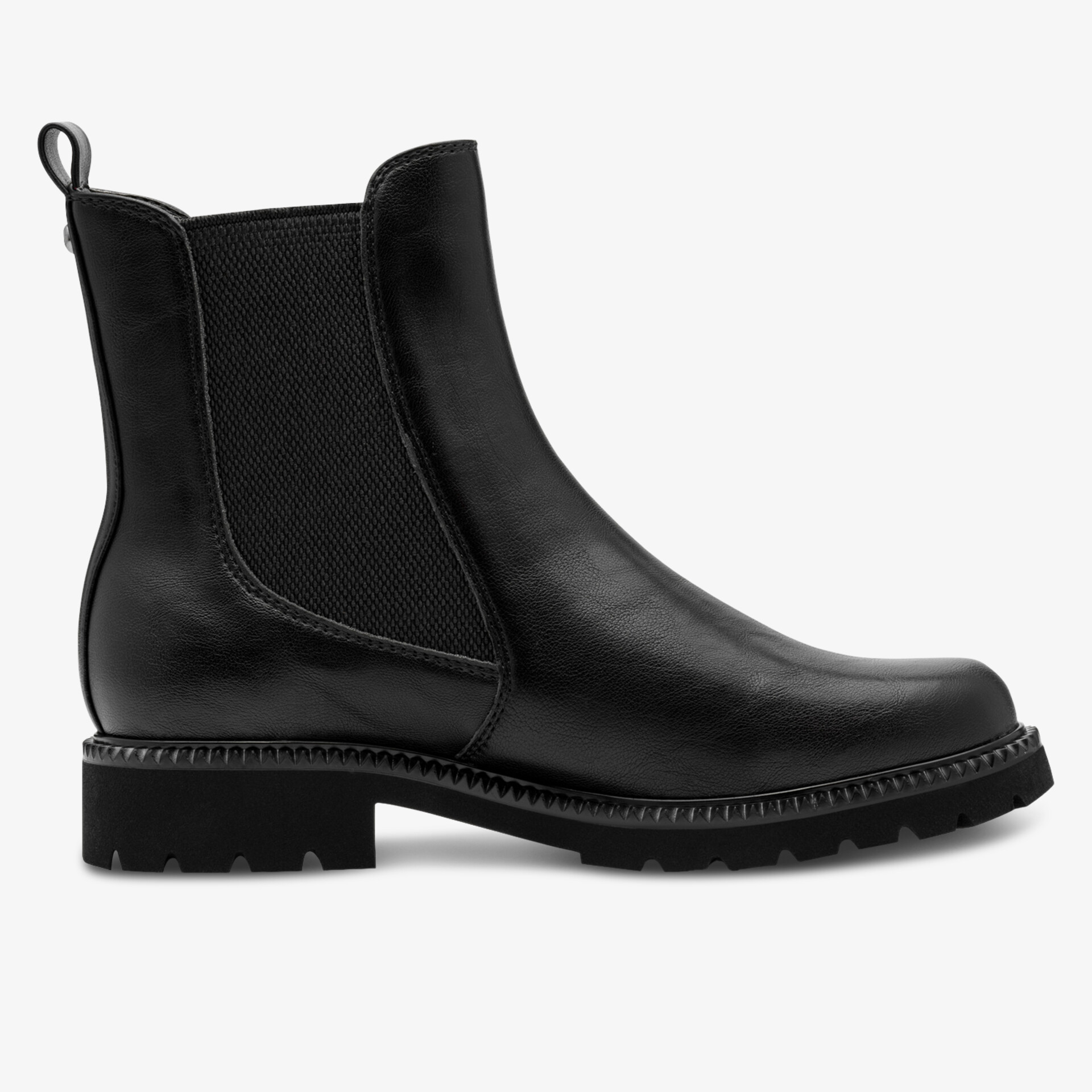 Schwarzer Stiefel aus Leder mit elastischen Seiteneinsätzen und robuster, rutschfester Profilsohle