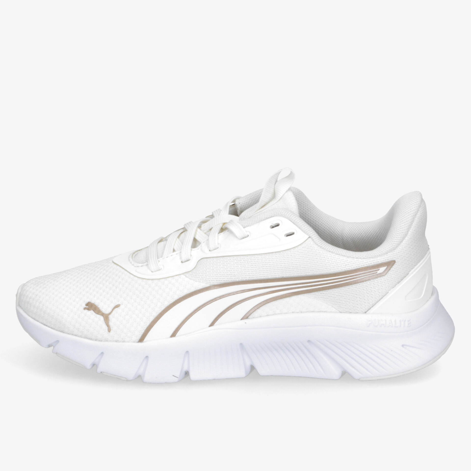 Moderner weißer Sneaker mit goldenen Akzenten und bequemer Passform, ideal für sportliche Aktivitäten.