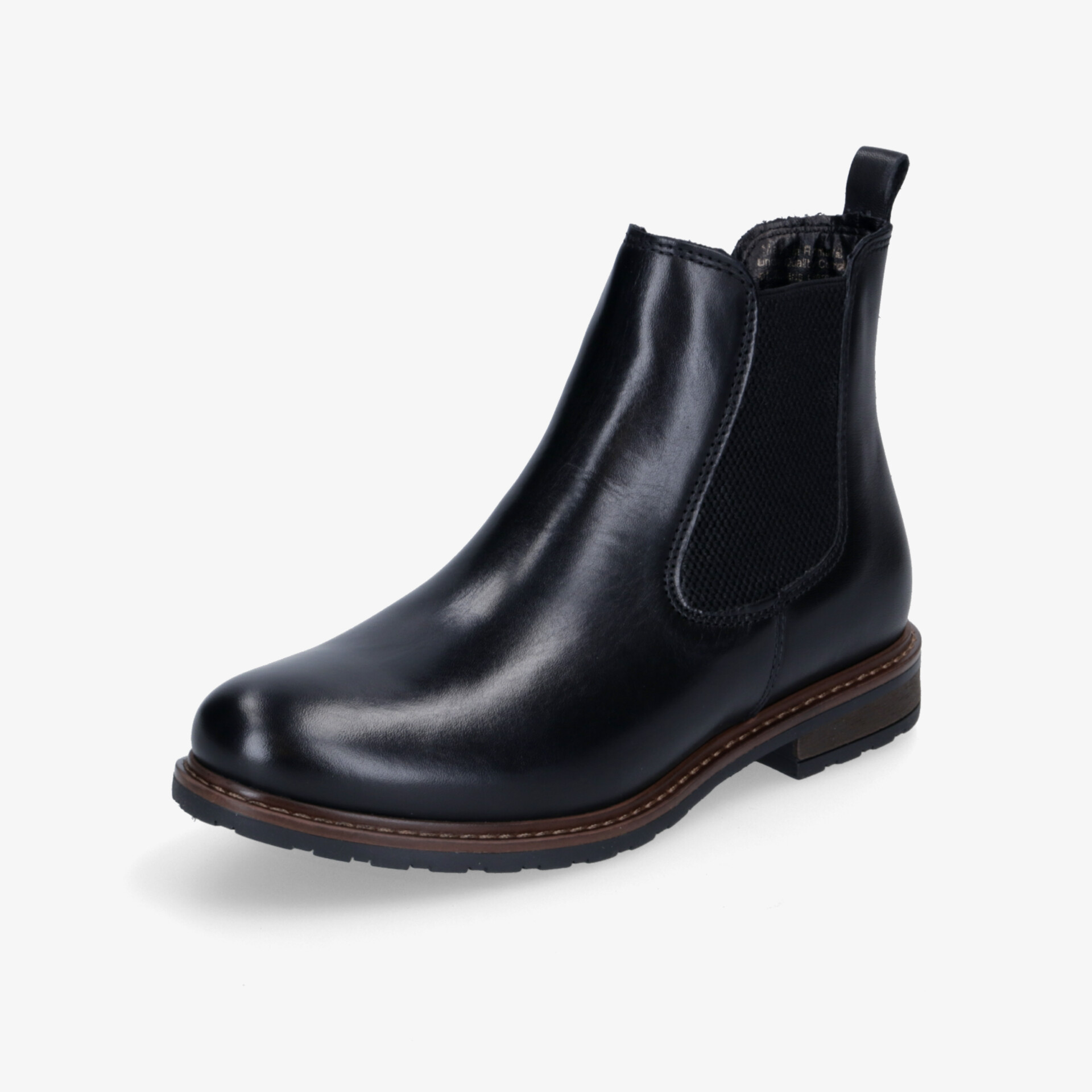 Eleganter schwarzer Chelsea Boot aus Leder mit rutschfester Sohle und elastischem Seiteneinsatz für komfortables Tragen.