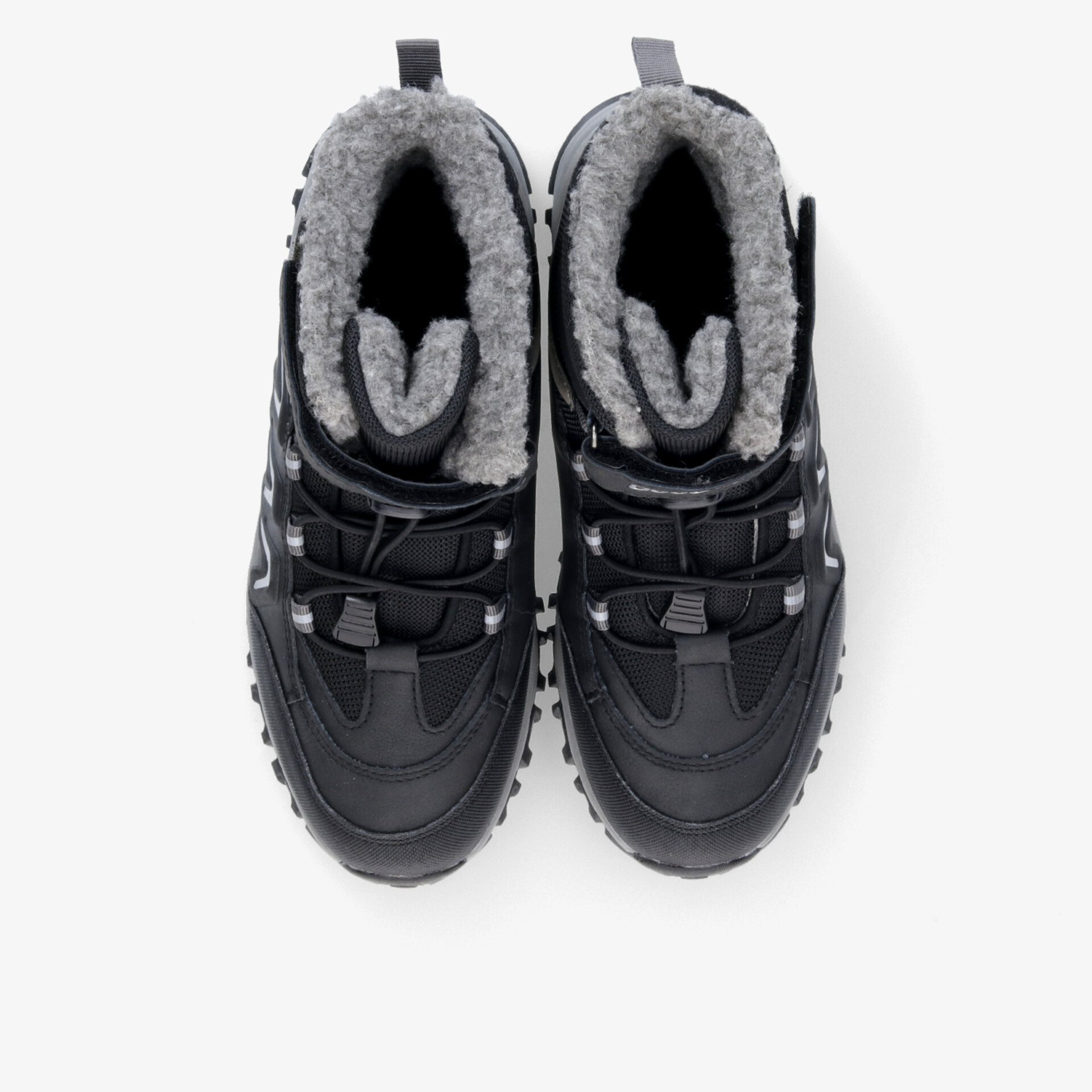 Wetterfester schwarzer Winterstiefel mit grauem Futter und robustem Schnürdesign für kalte Tage.