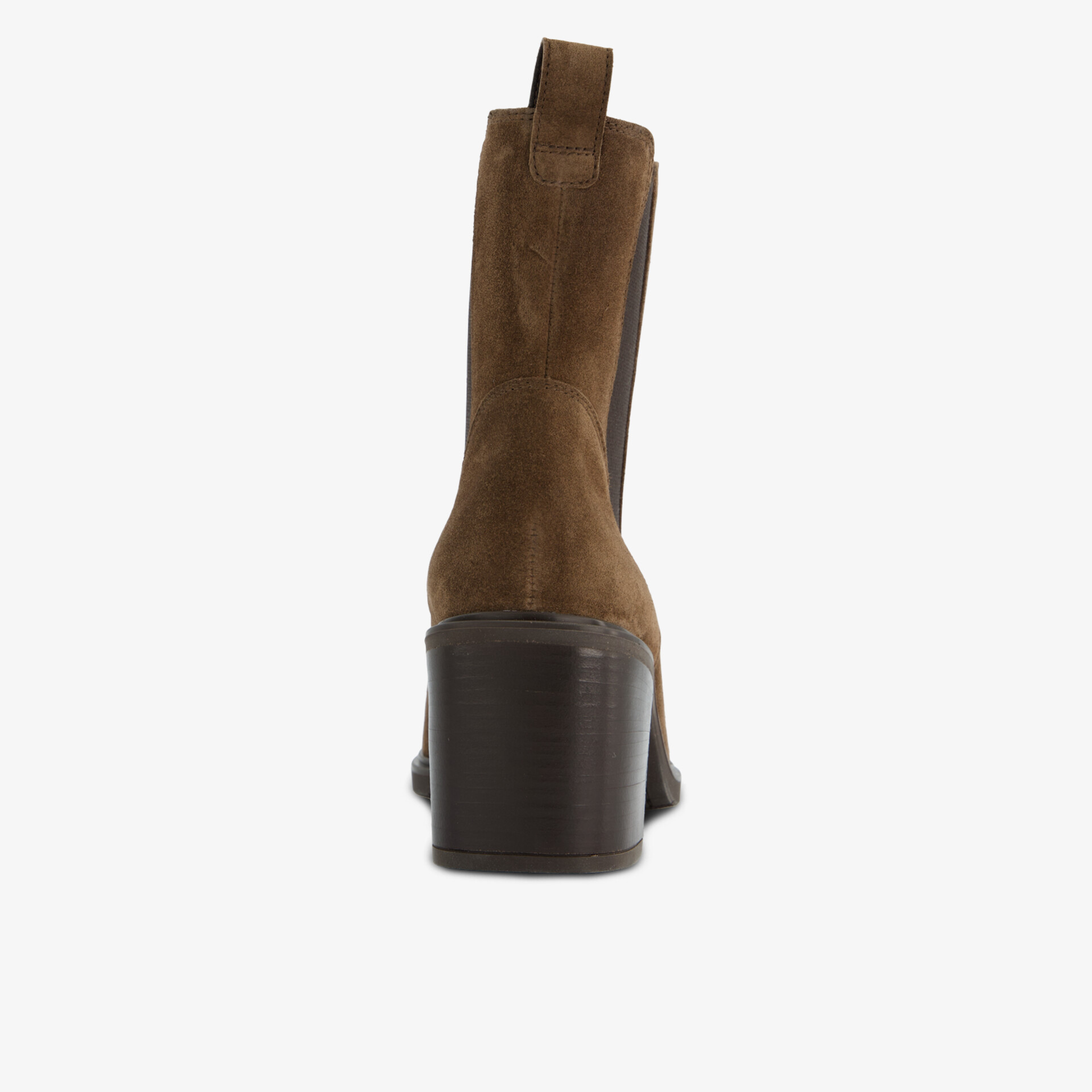 Brauner Stiefel aus Leder mit robustem Absatz und hohem Schaft in Rückansicht gezeigt