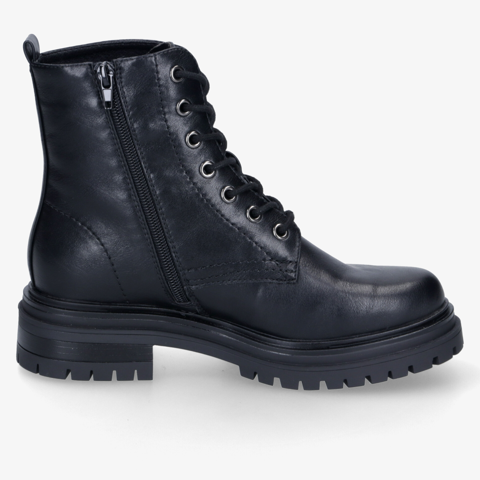 Moderner schwarzer Lederstiefel mit Reißverschluss und Schnürung für einen stilvollen und robusten Look.