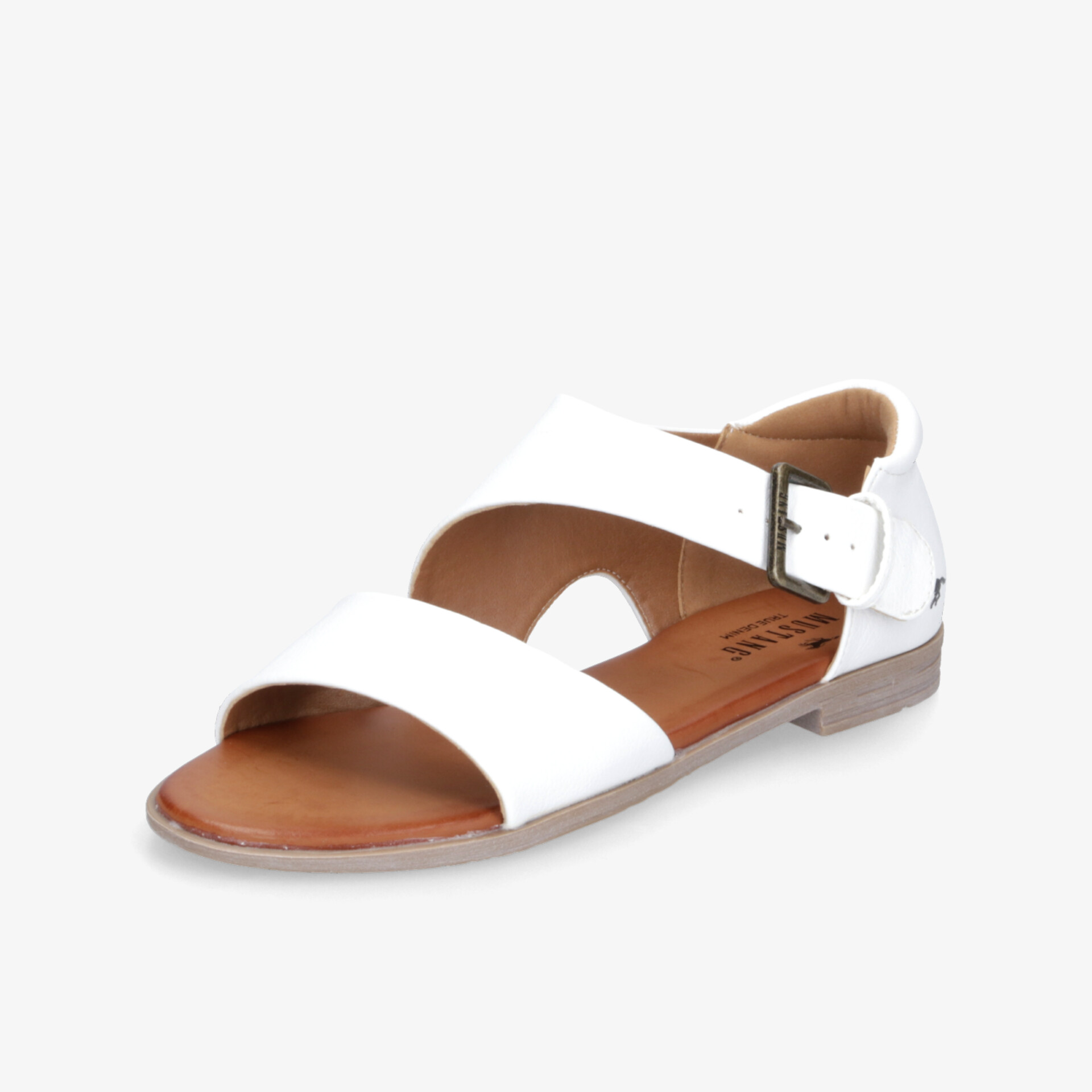 Weißer Riemchensandale mit verstellbarem Verschluss, offener Vorderfußbereich, flache Laufsohle für hohen Tragekomfort