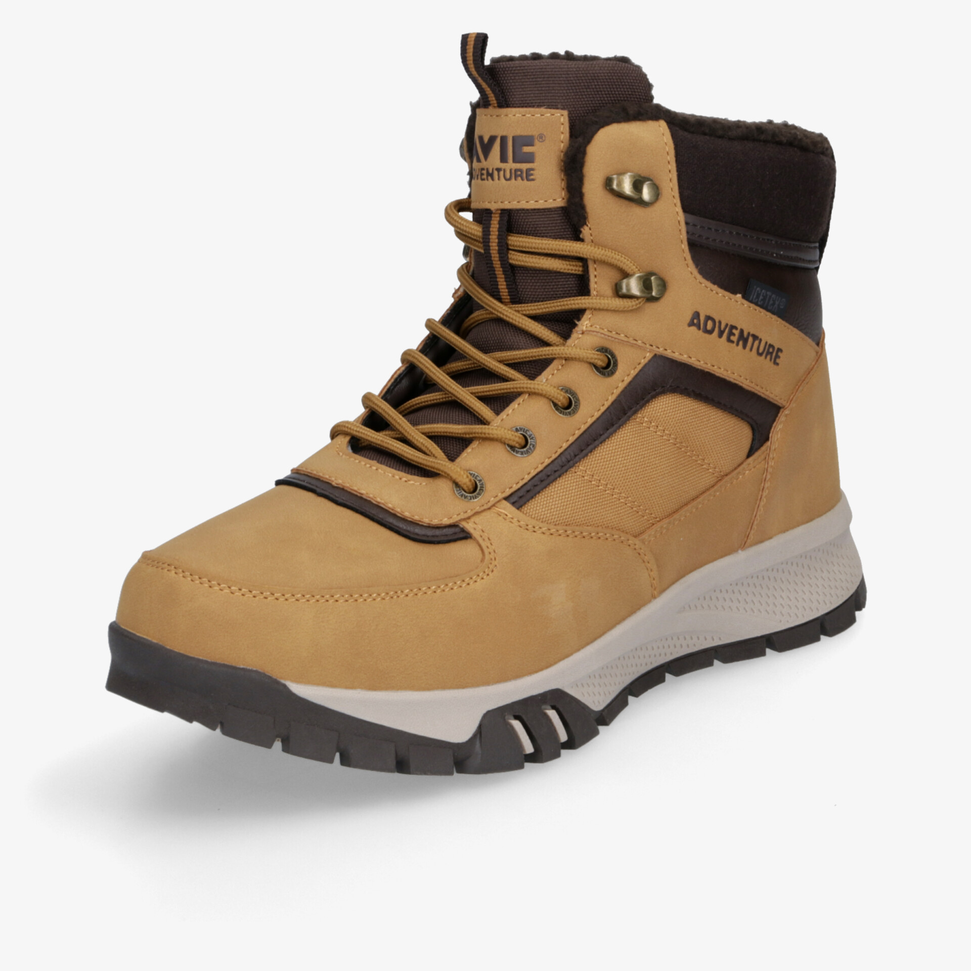 Robuster Wanderstiefel in schräger Vorderansicht mit wasserabweisendem Material und rutschfester Profilsohle