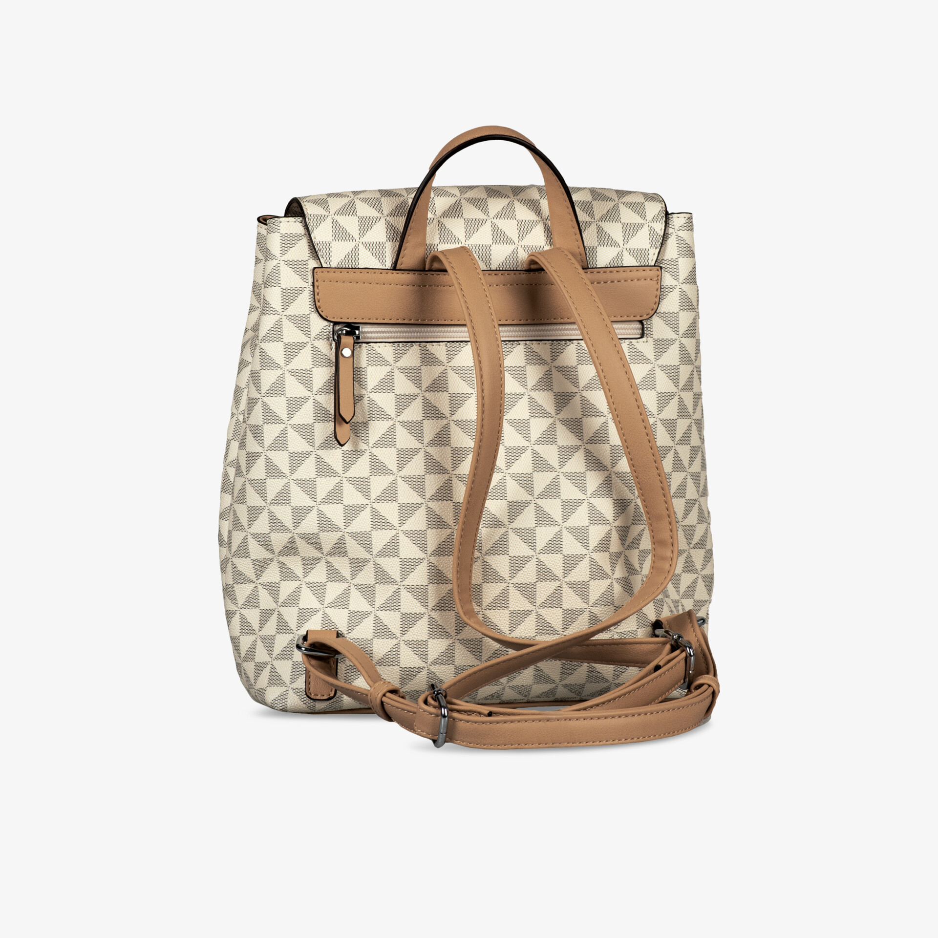 Eleganter beiger Rucksack mit geometrischem Muster und Lederakzenten für vielseitige Nutzung.
