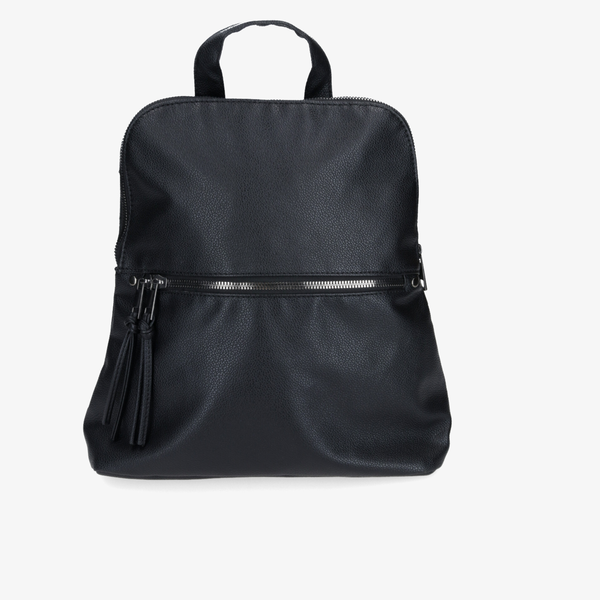 Schwarzer Rucksack mit großem Stauraum, robustem Material, Reißverschluss und praktischem Griff in Frontansicht