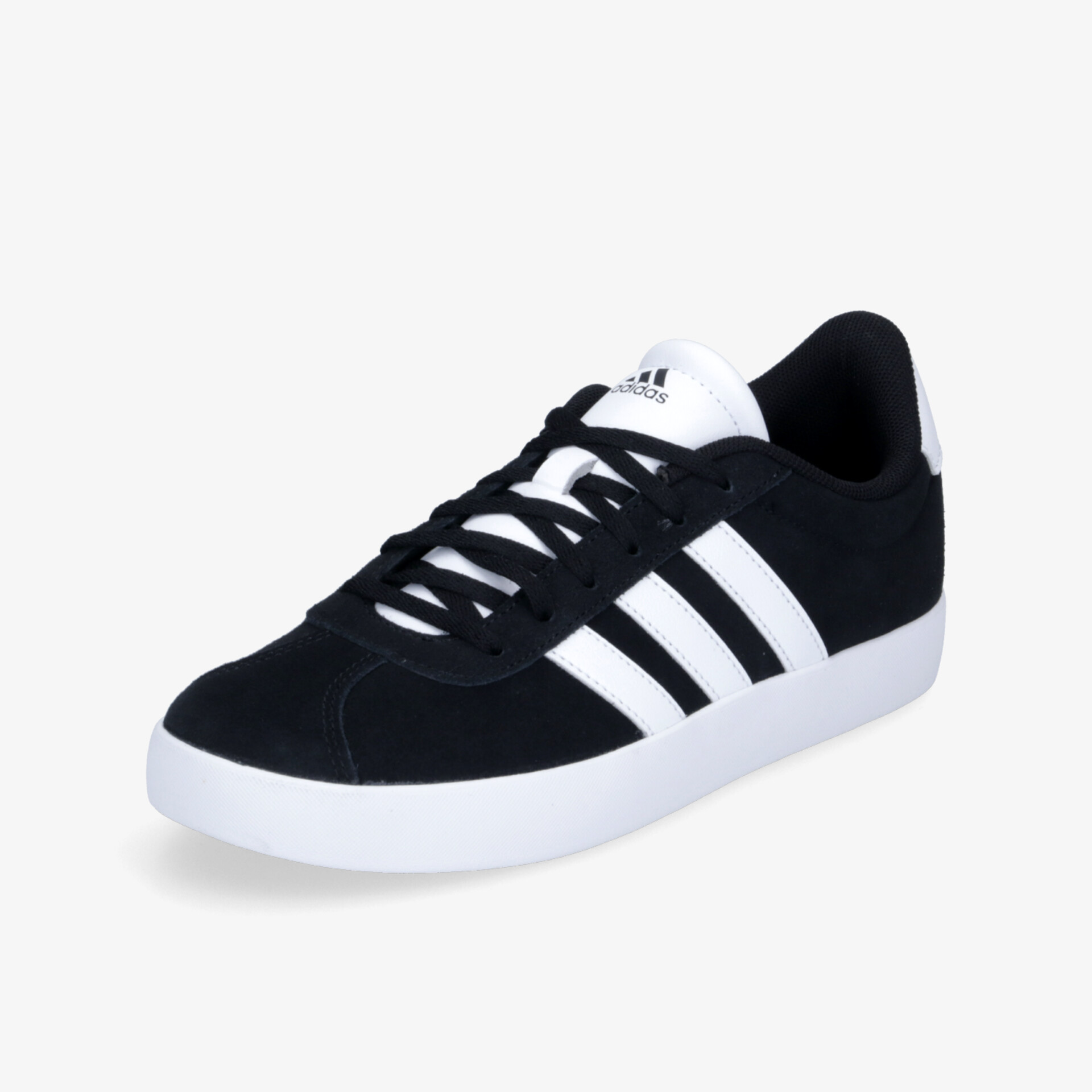 Schwarzer Sneaker mit weißen Streifen, sportlich und bequem, leichte Sohle für optimalen Tragekomfort