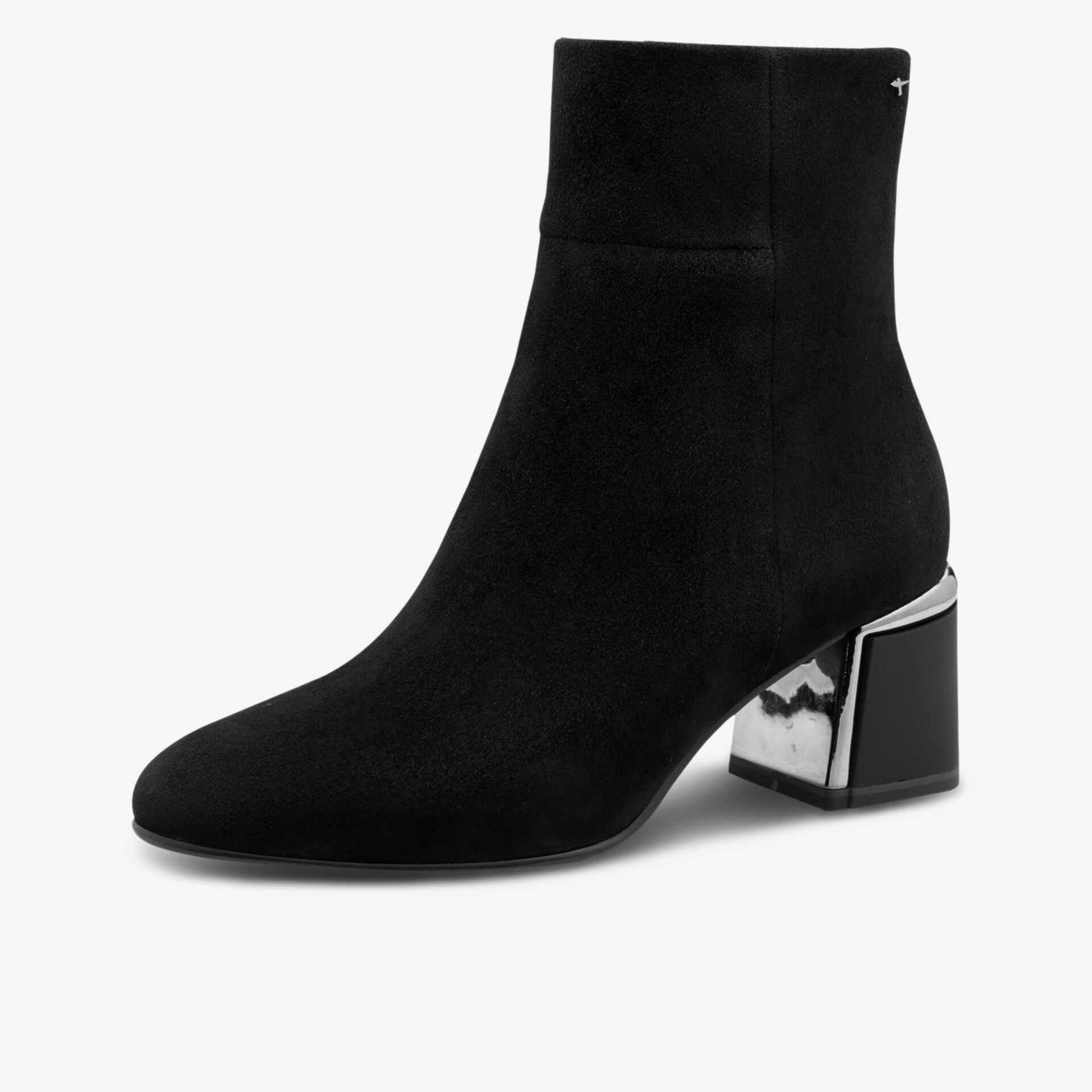 Elegante Stiefelette aus samtigem Material mit modernem silbernem Blockabsatz, klare Seitenansicht