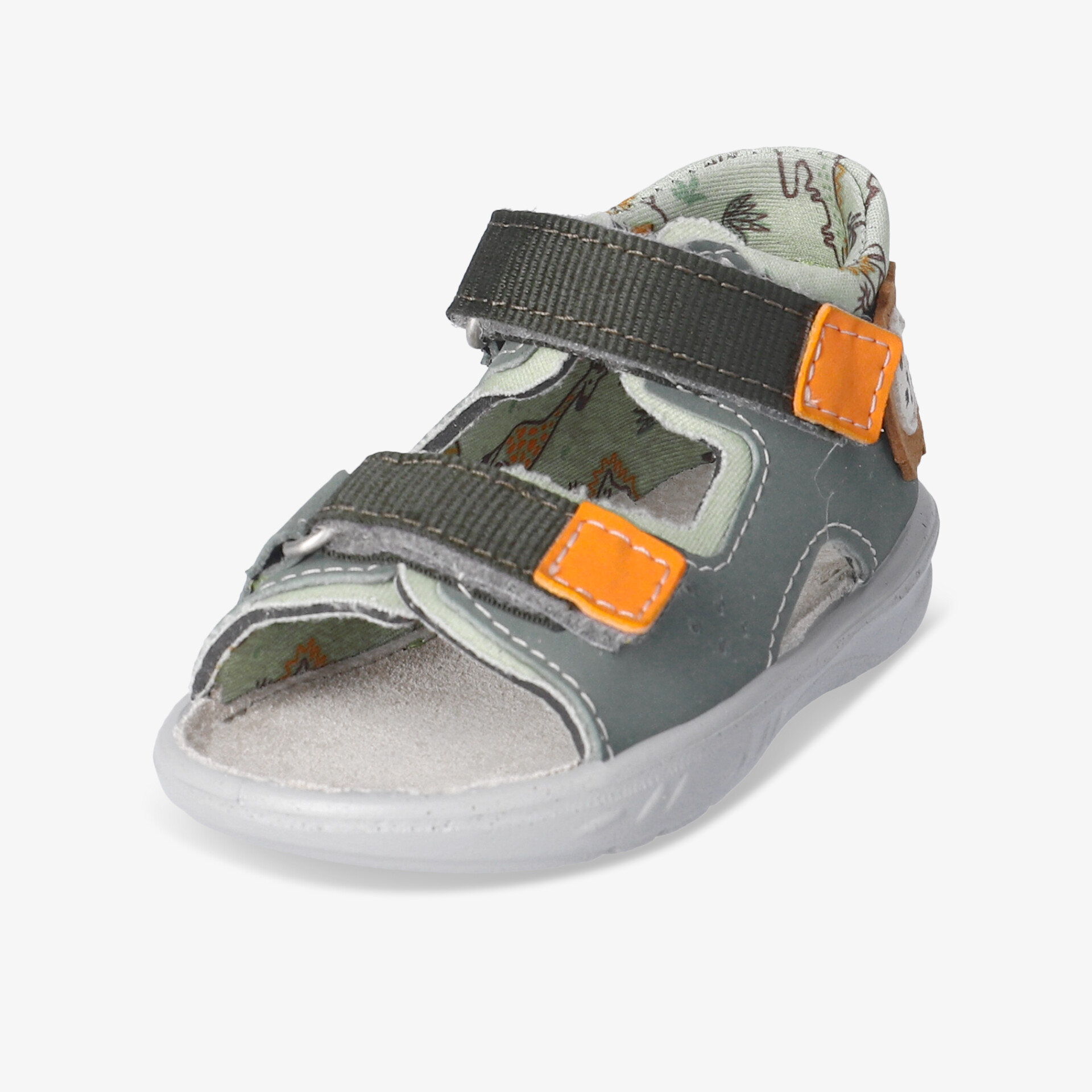 Bequeme graue Sandale mit offenem Zehenbereich und verstellbaren orangen Klettverschlüssen für optimalen Halt