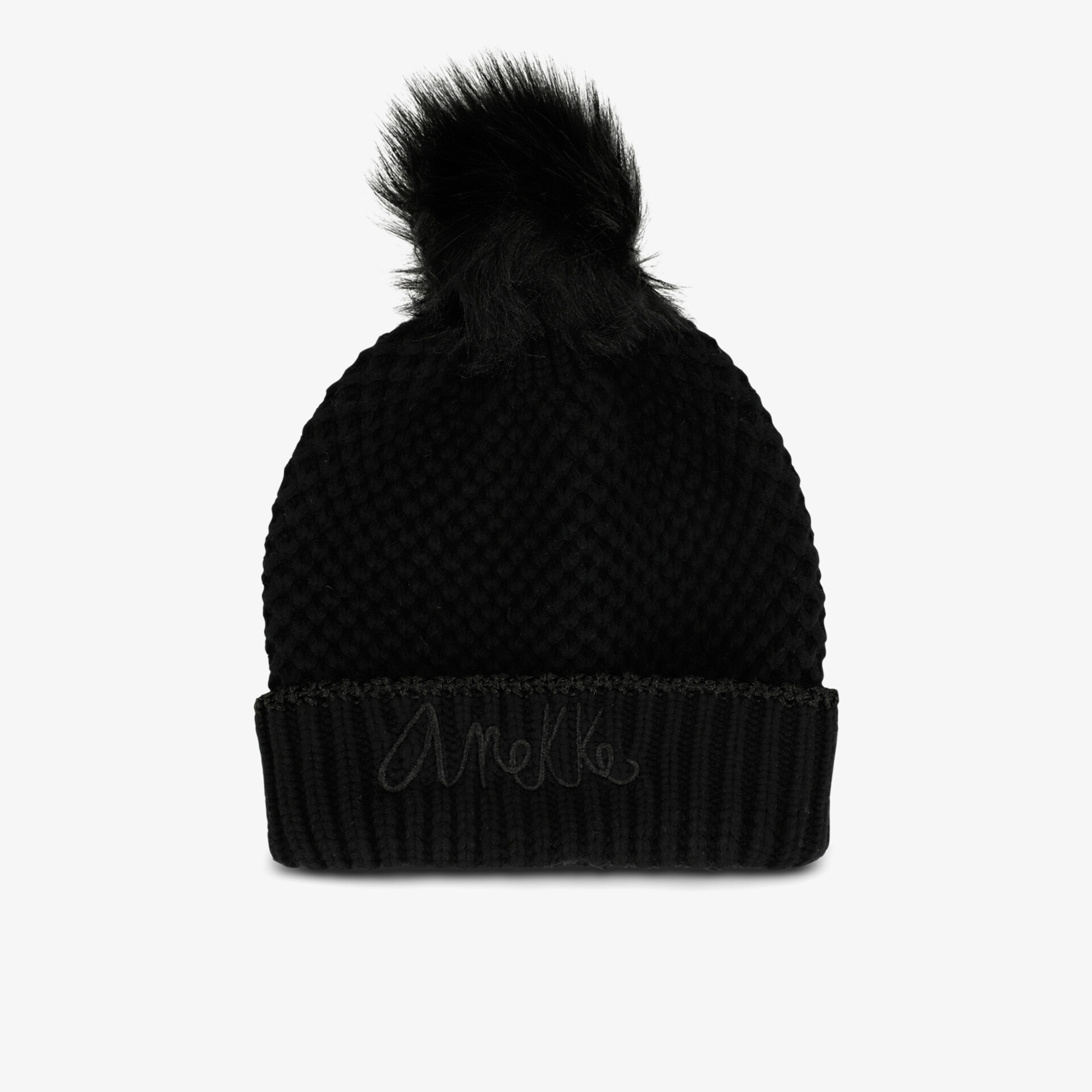 Elegante schwarze Bommelmütze, gestrickte Struktur, modisches Accessoire für kühle Tage