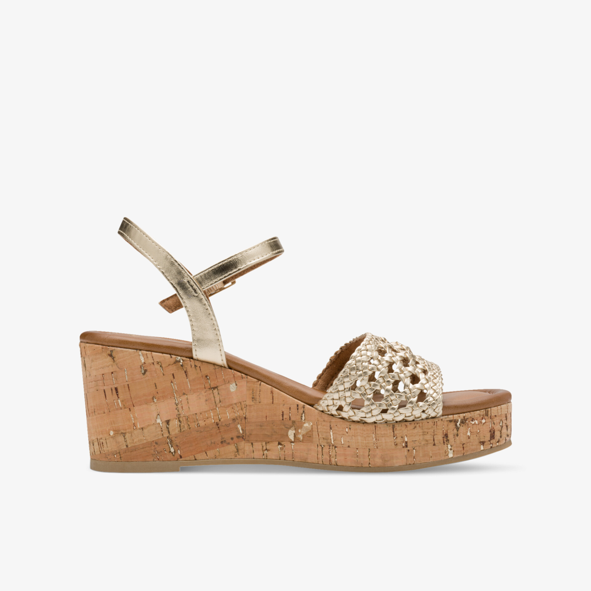 Beige Sandale mit Kork-Wedge-Absatz, Plateau und verstellbarem Riemen für bequemen Sommer-Look