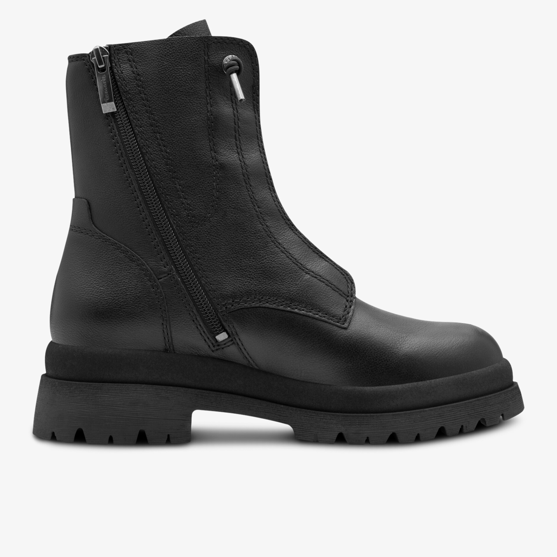 Robuster schwarzer Lederstiefel mit praktischem Reißverschluss und profilierter rutschfester Sohle für optimalen Halt