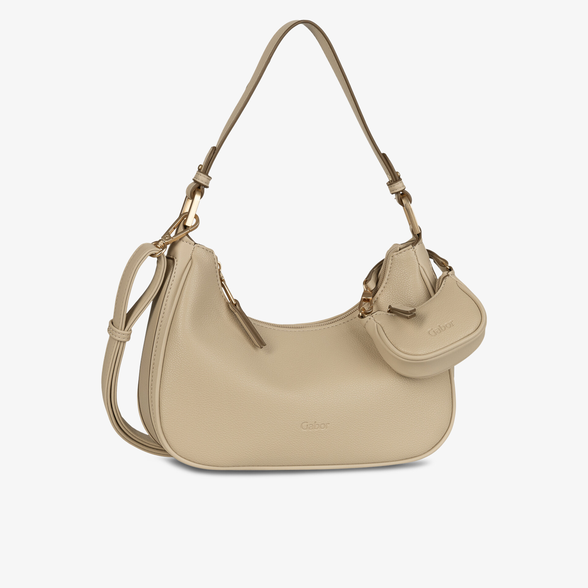 Beige Handtasche mit eleganter, abgerundeter Form und praktischem abnehmbaren Schlüsselanhänger