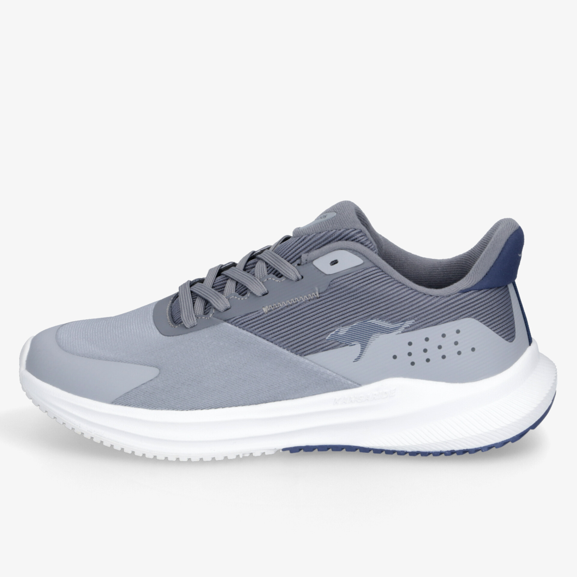 Leichter grauer Sportschuh mit atmungsaktivem Material, gepolsterter Innensohle und stabiler, flexibler Laufsohle seitlich