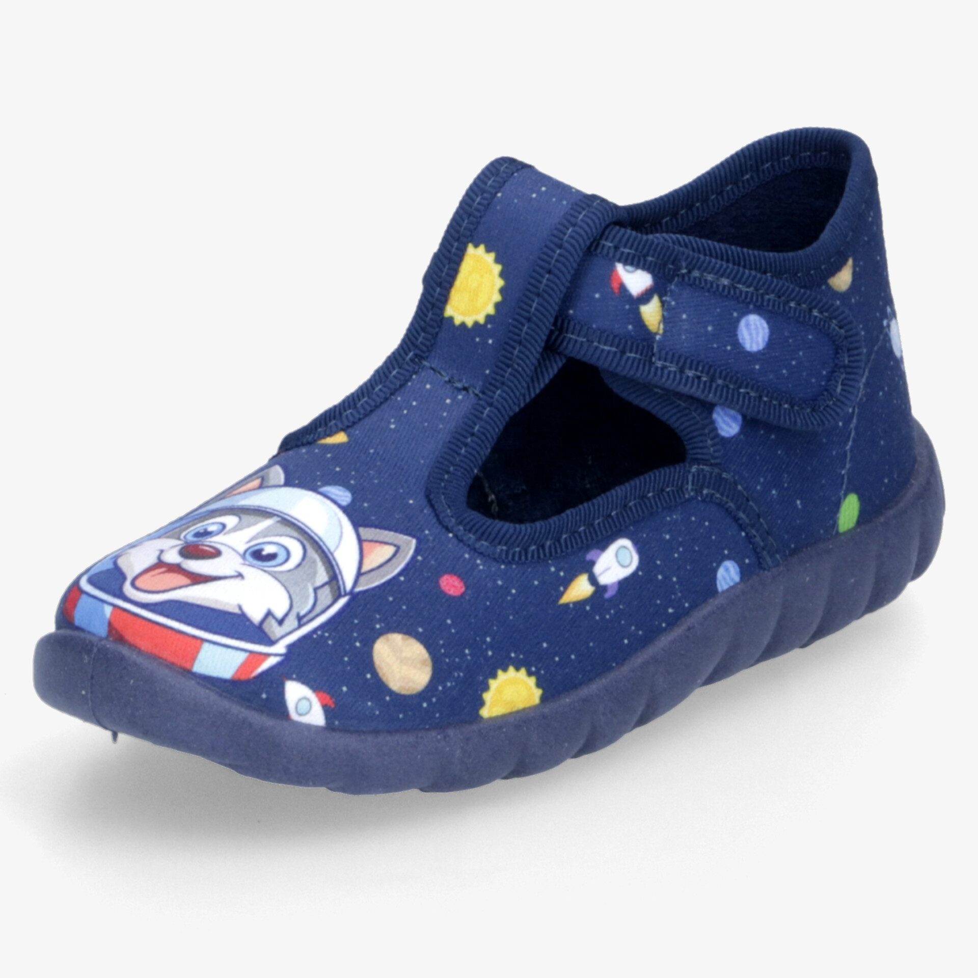 Bequemer blauer Kinderschuh mit flexiblem Material, rutschfester Sohle und buntem Weltraummotiv