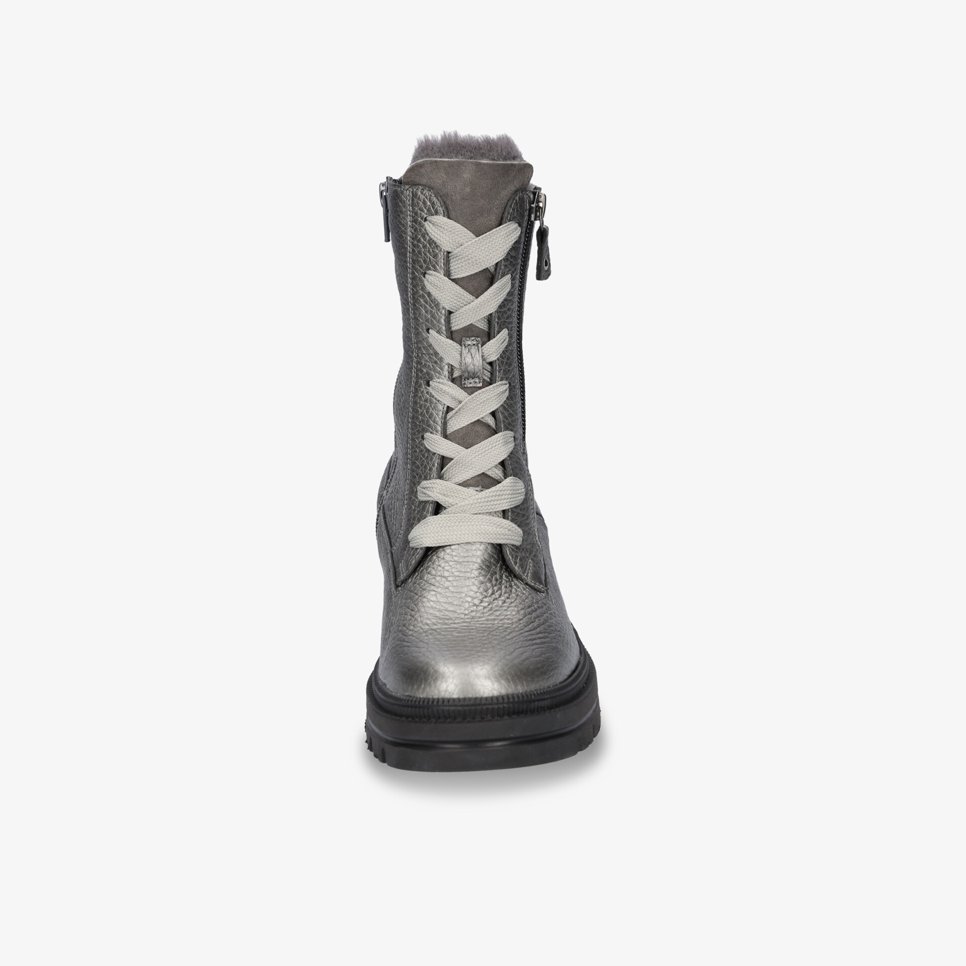 Metallisch glänzender Stiefel mit Schnürung und Reißverschluss, robuster Absatz, modisch und bequem
